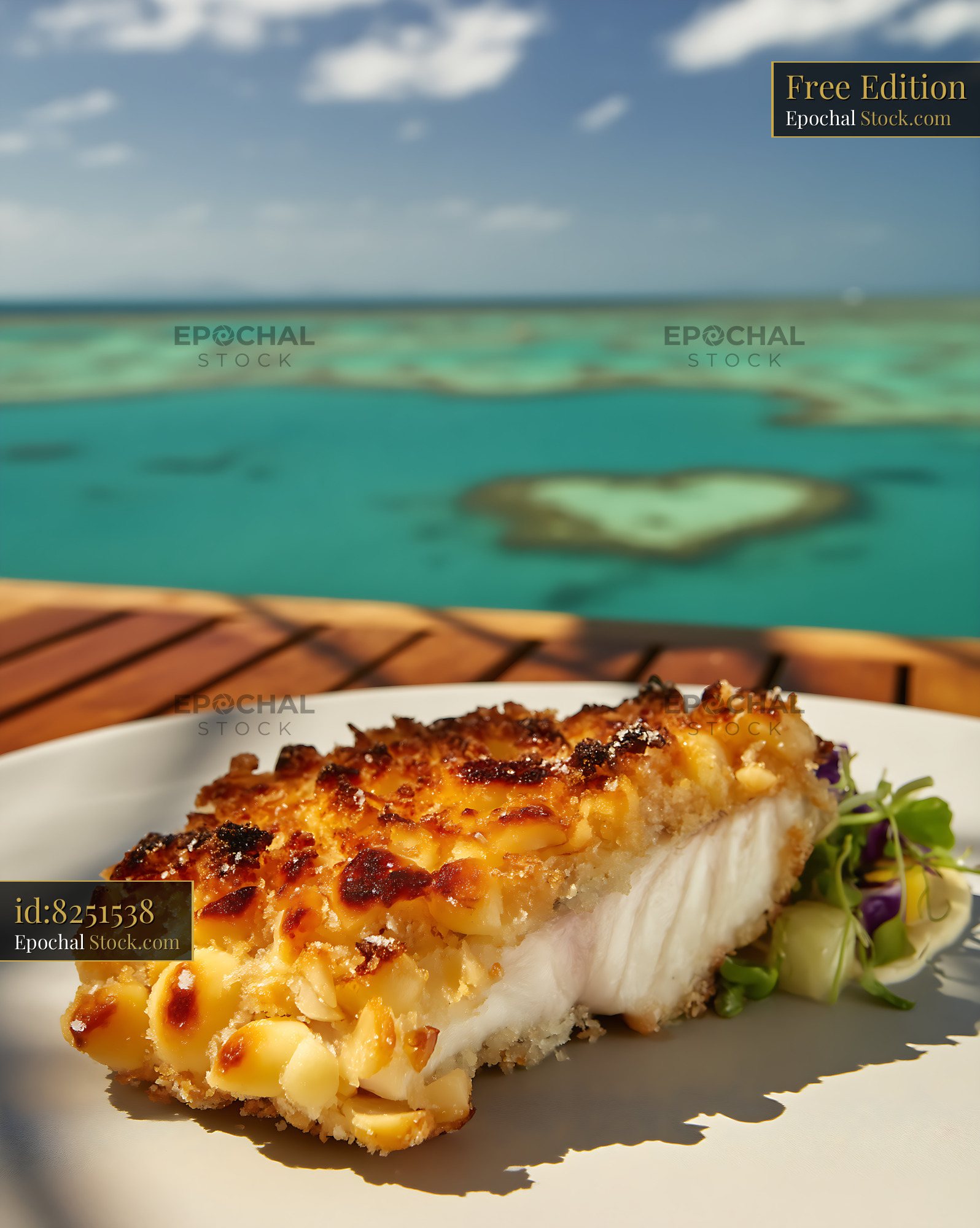 Macadamia Crusted Fish Overlooking Lagoon - stock photo