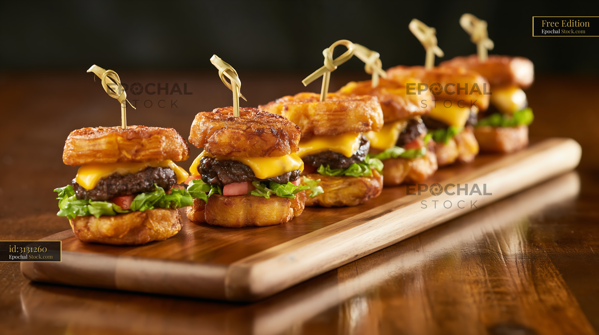 Jibarito Burgers on Wooden Board, Gourmet Appetizer Sliders with Plantain Buns - stock photo