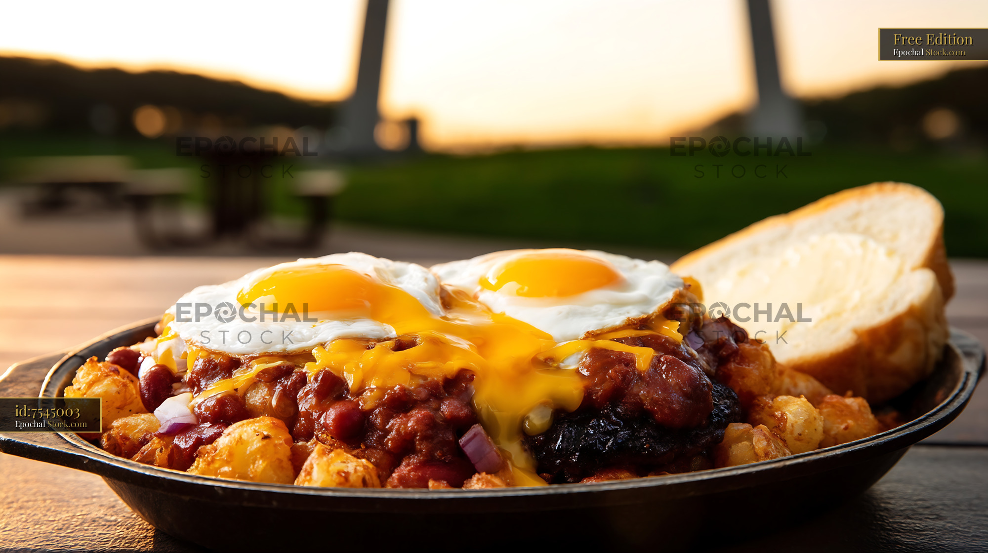 St. Louis Slinger with Fried Eggs, Cast Iron Skillet - stock photo