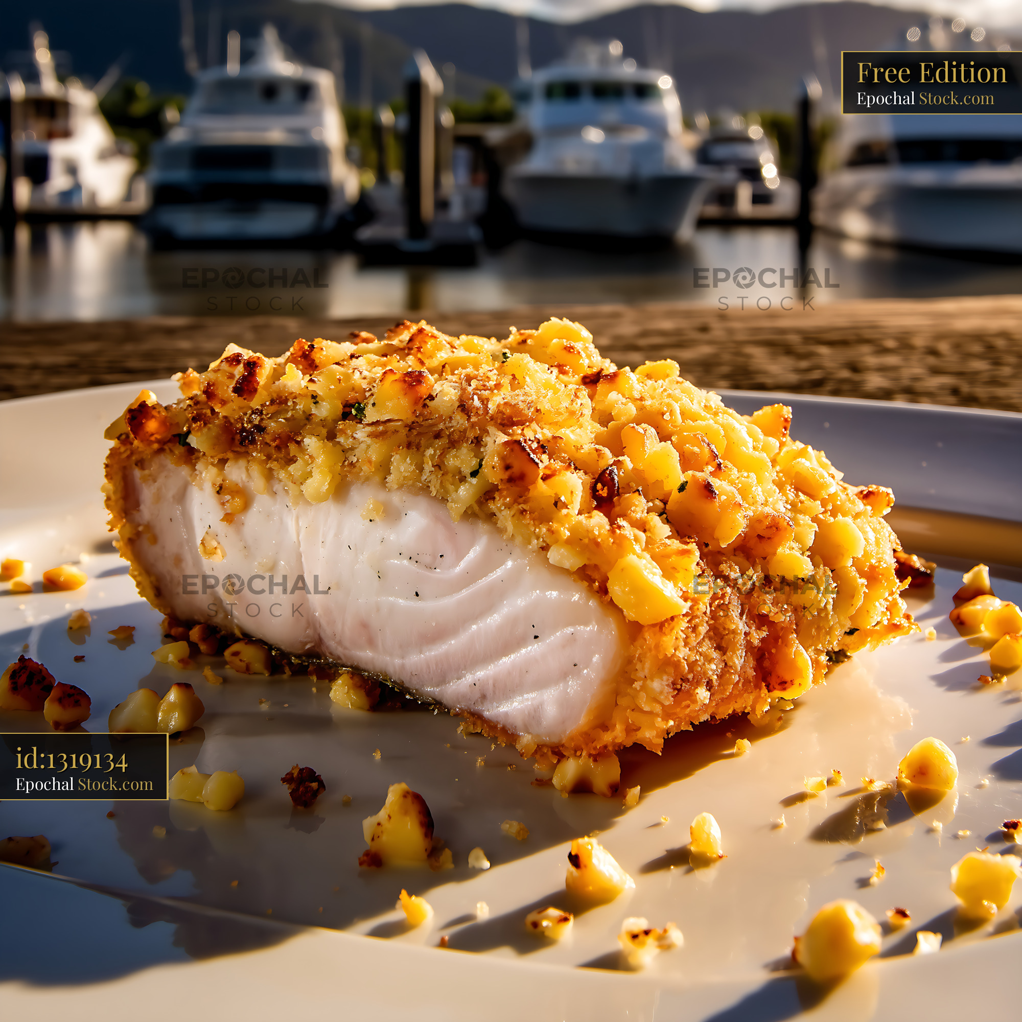 Macadamia Crusted Fish Fillet Waterfront - stock photo