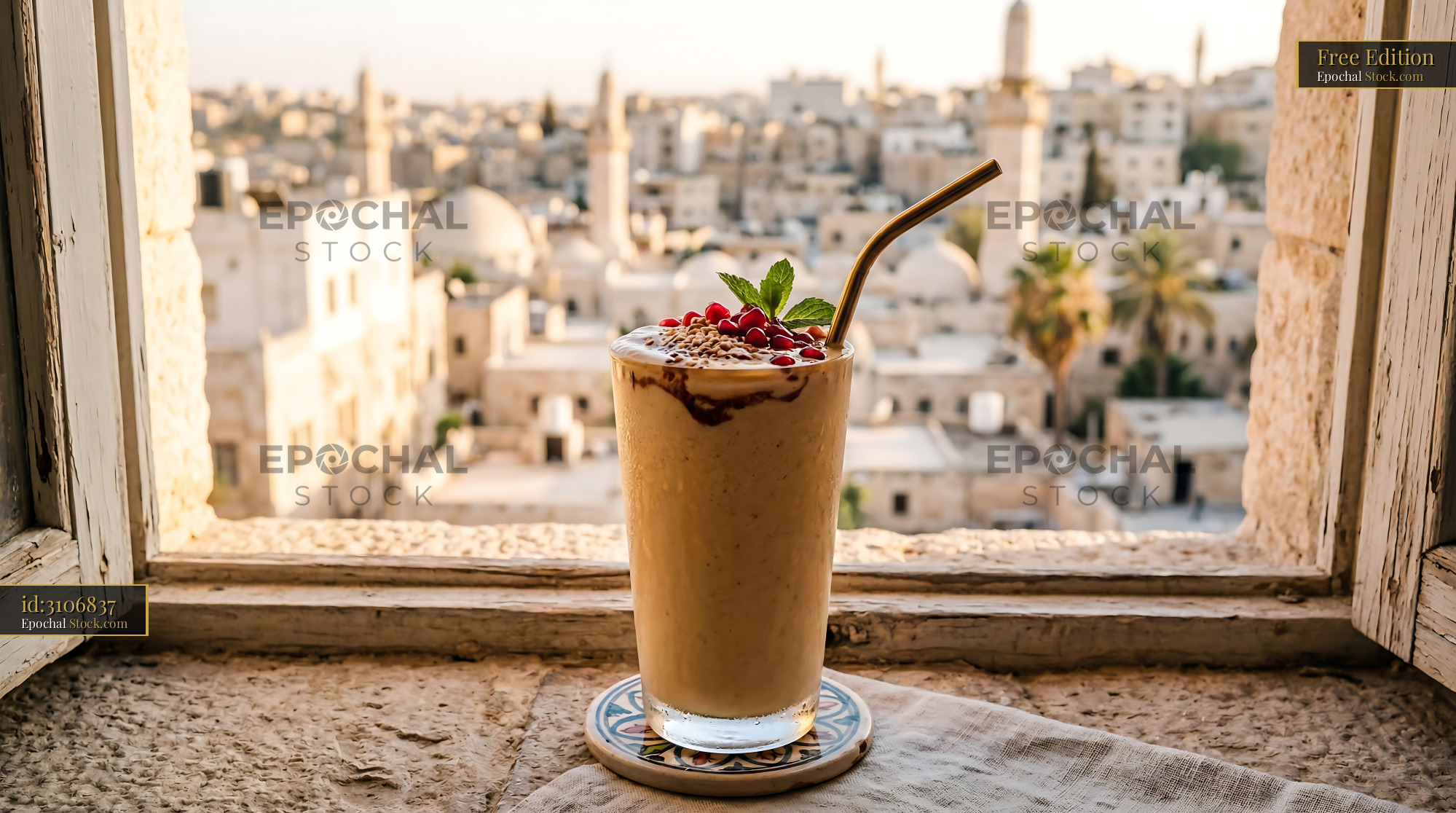 Tahini Date Shake with Historic Jerusalem View - stock photo