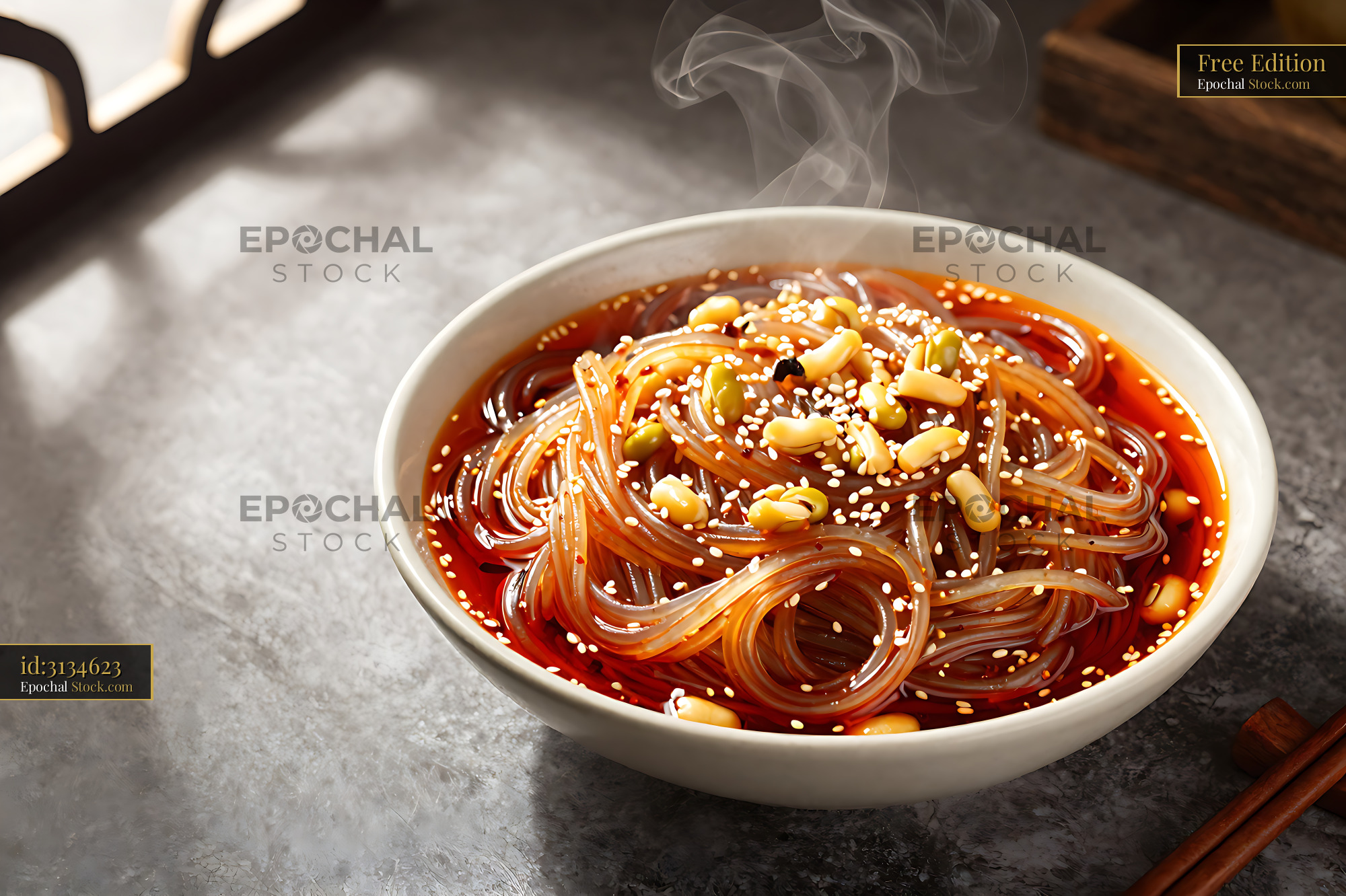 Sichuan Glass Noodle Salad in White Bowl - stock photo