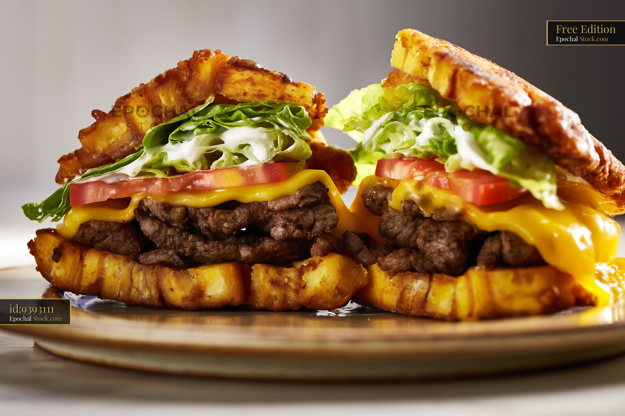 Jibarito Burger with Bacon, Cheese and Fresh Toppings - stock photo