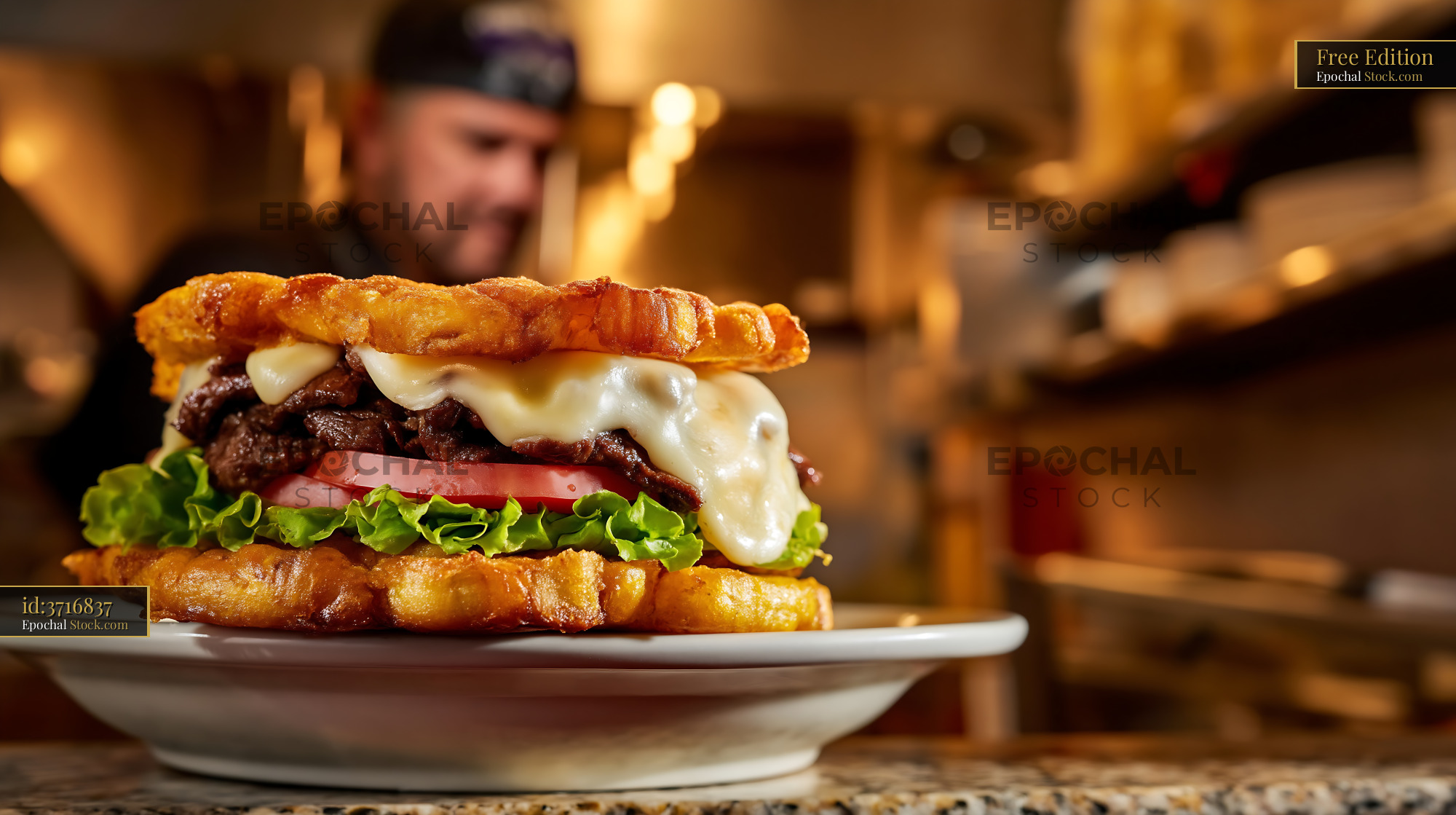 Jibarito Burger with Crispy Golden Plantain Buns, Melted Cheese, and Fresh Toppings - stock photo