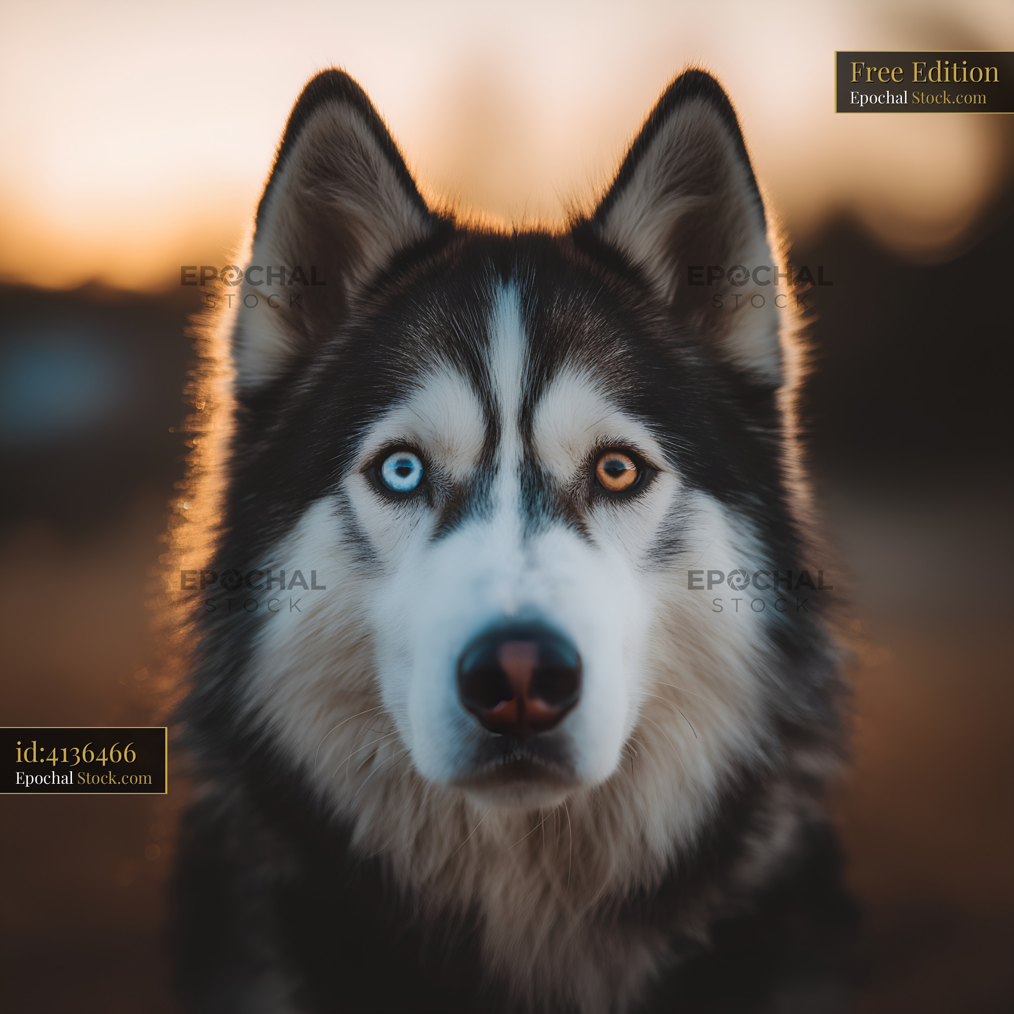 Wolf dog with different colored eyes at sunset Free Premium Stock Photo
