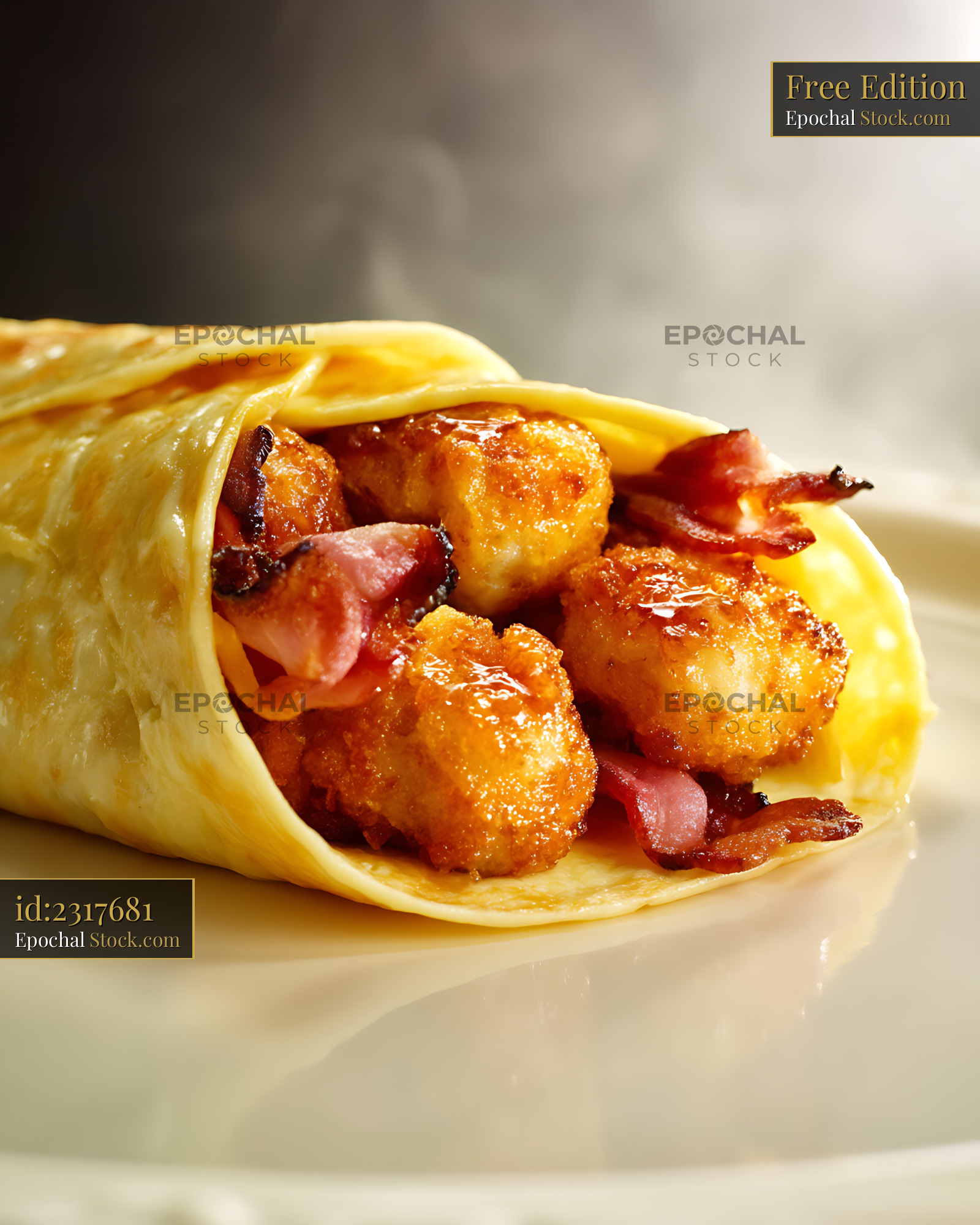 Shrimp and Bacon Crepe on White Plate - stock photo