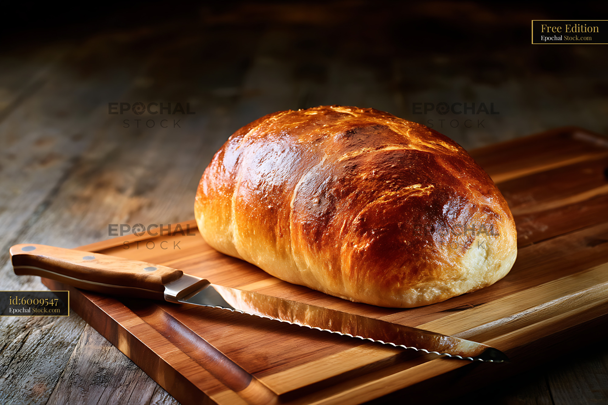 Artisanal Bread Loaf with Serrated Knife on Wood - stock photo