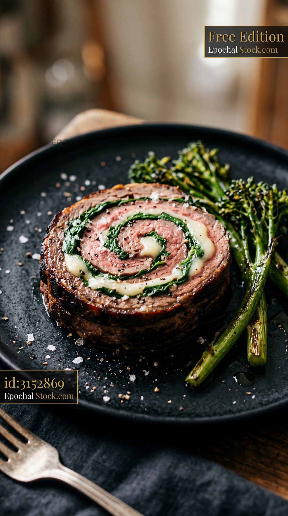 Beef Roulade with Spinach and Cheese on Slate - stock photo