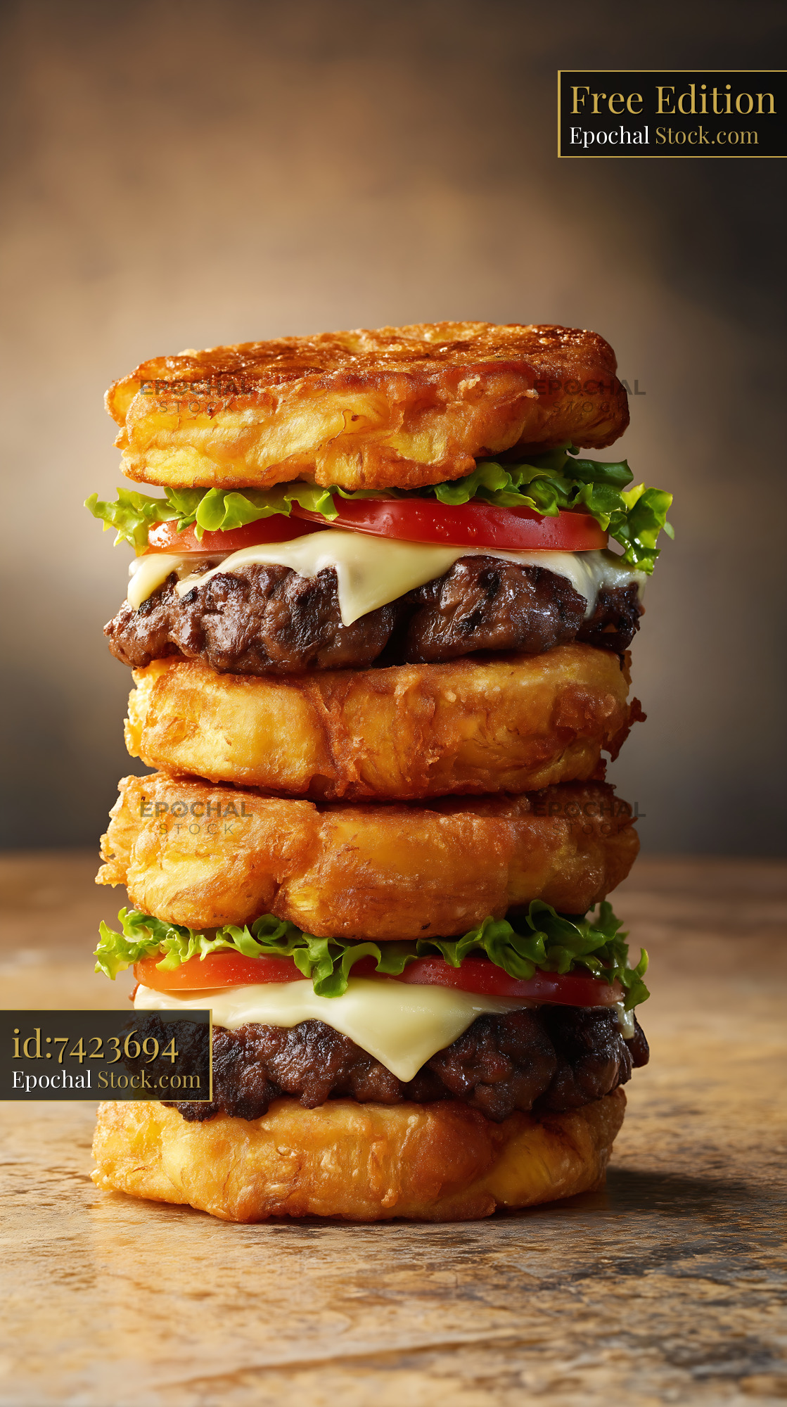 Stacked Jibarito Burgers Golden Fried Plantain Buns Gourmet Beef - stock photo
