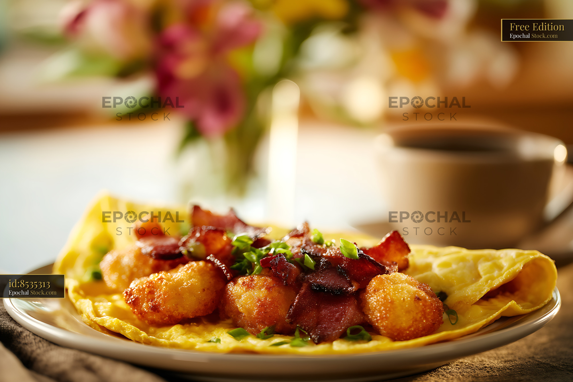 Bacon and Scallion Omelet on Ceramic Plate - stock photo
