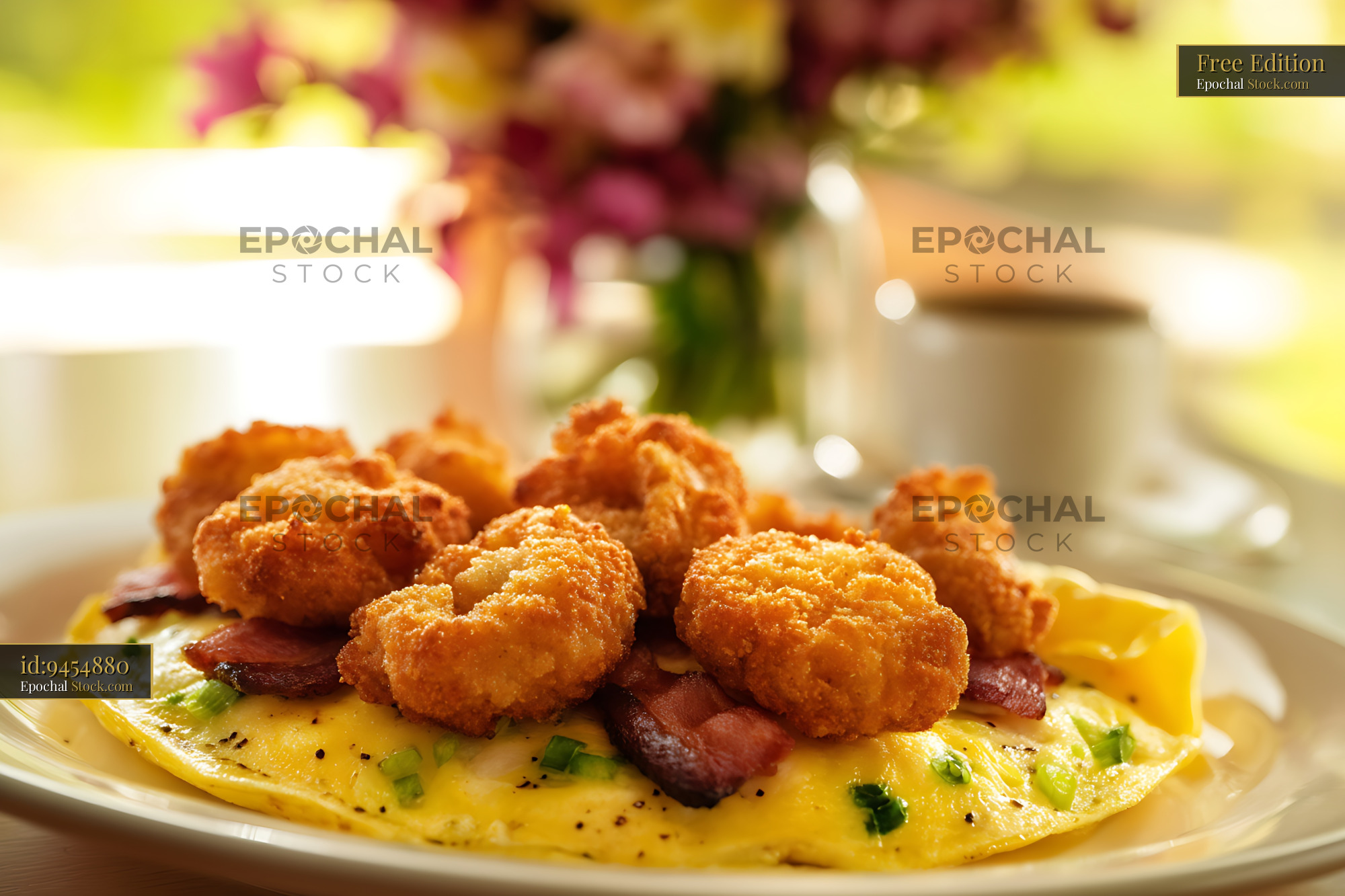 Crispy Shrimp and Bacon Omelet with Scallions - stock photo