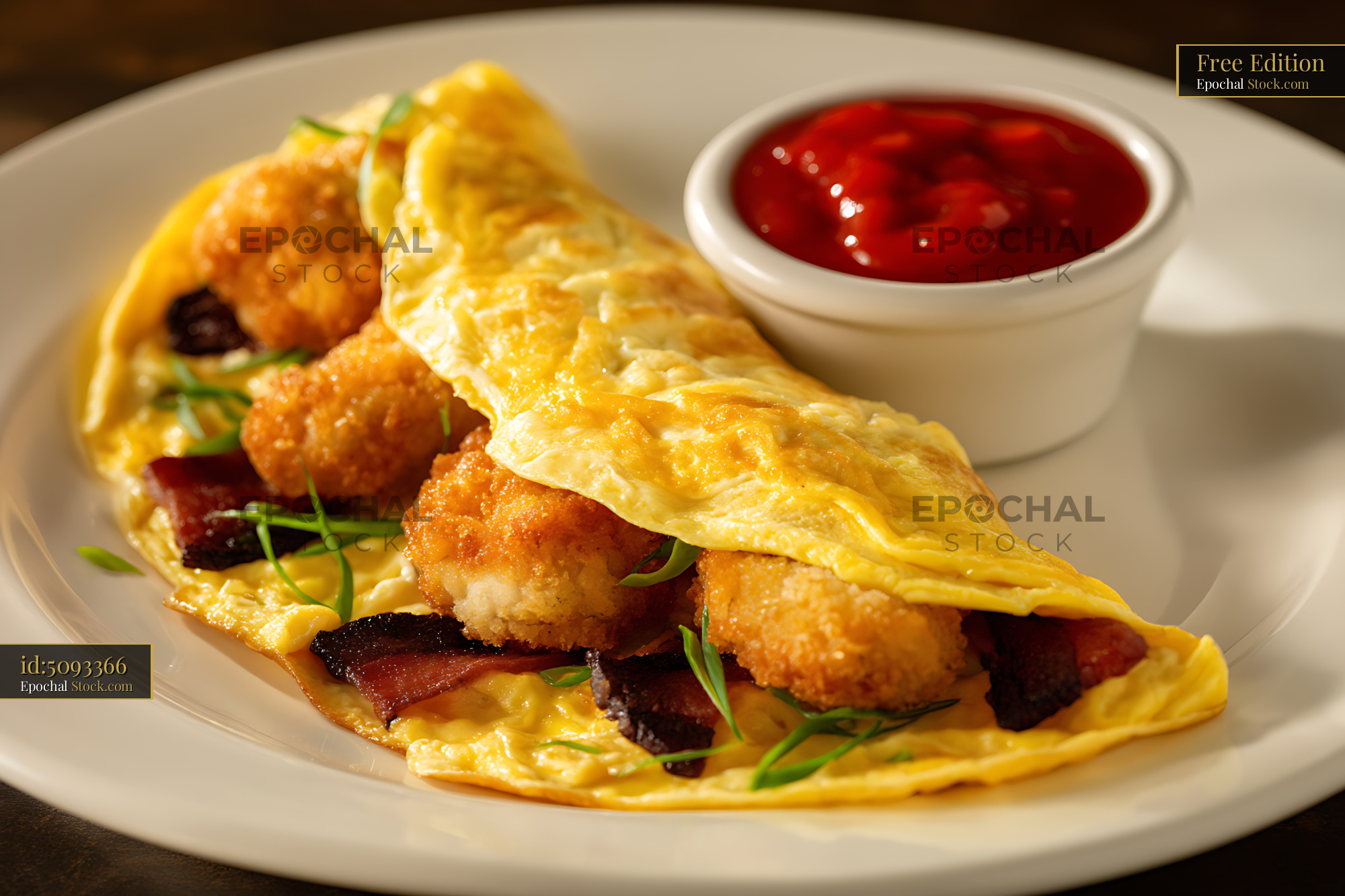 Gourmet Shrimp Bacon Omelet with Red Sauce - stock photo