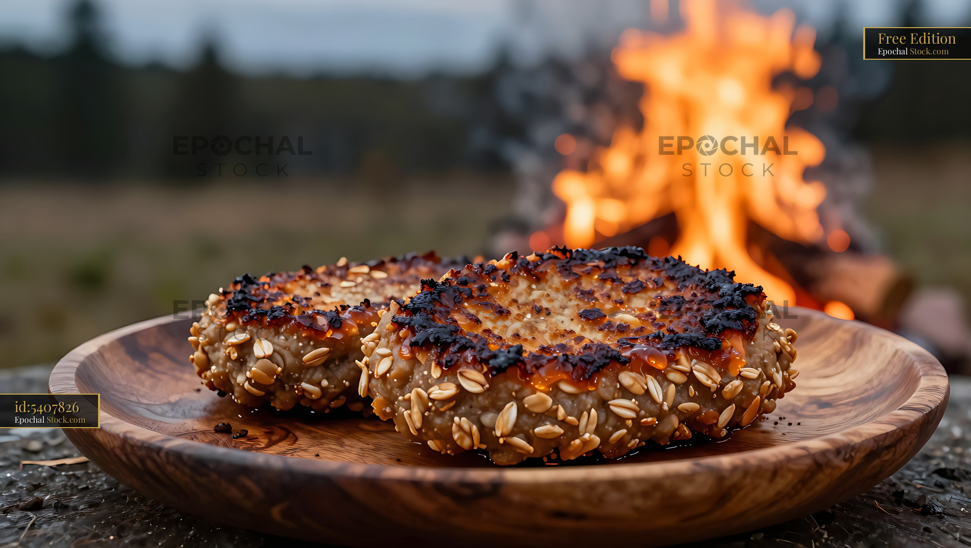 Grilled Seeded Burgers by Campfire at Dusk - stock photo