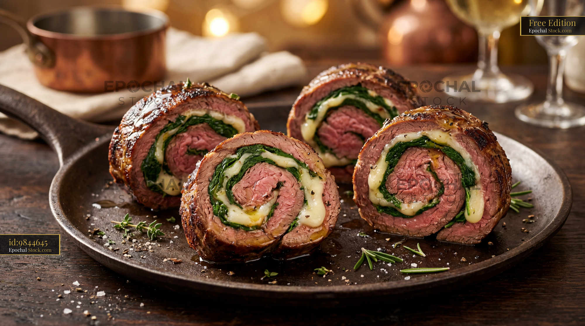 Herb-Crusted Beef Roulade with Spinach - stock photo
