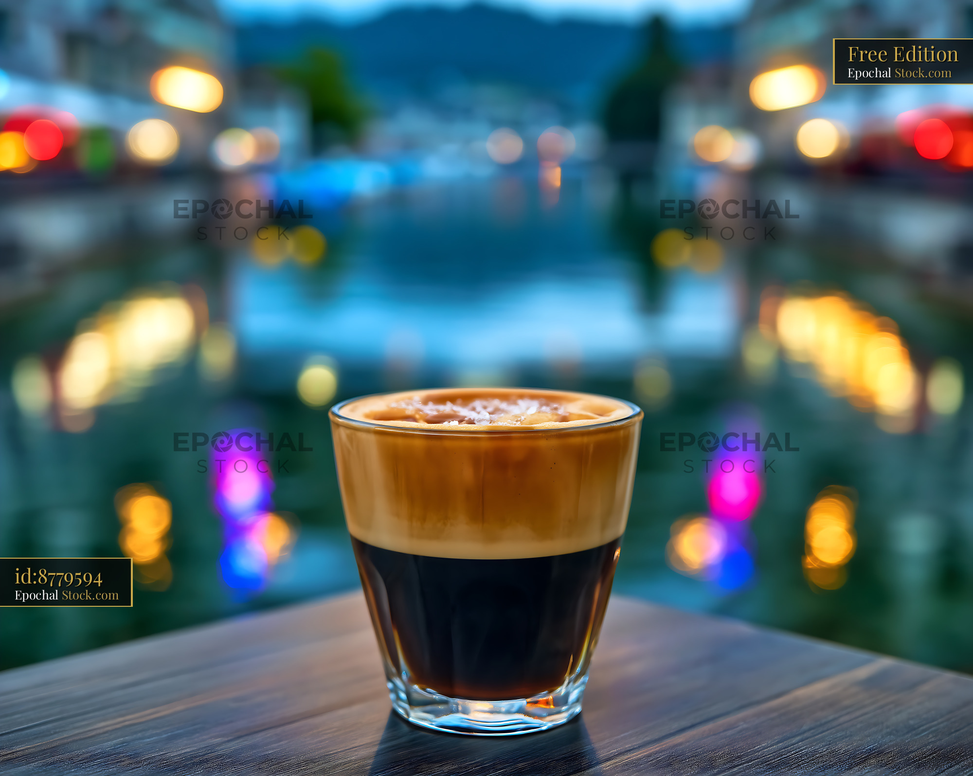 Nitro Caramel Coffee with Evening City Lights - stock photo