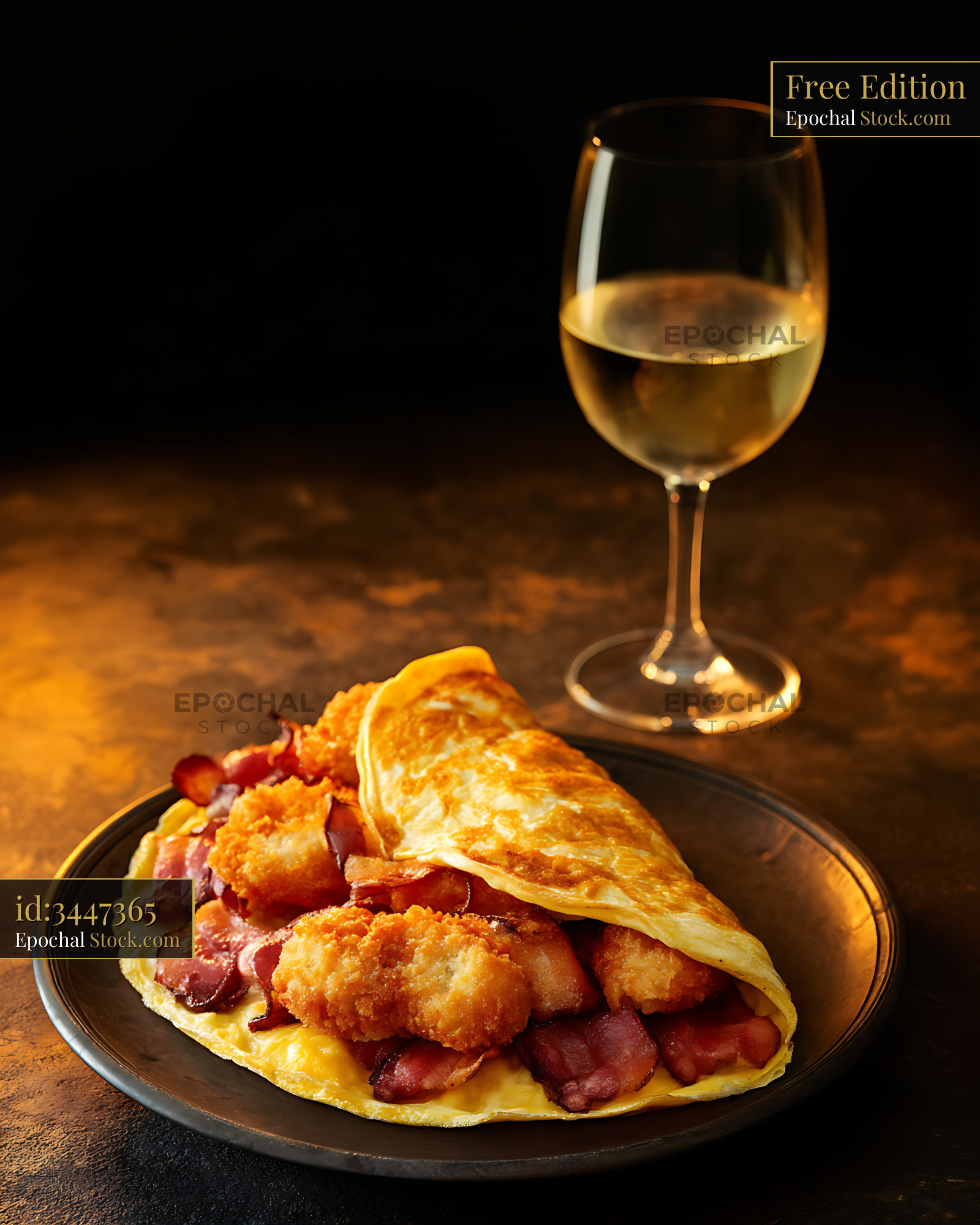Crispy Shrimp and Bacon Omelet with Wine - stock photo