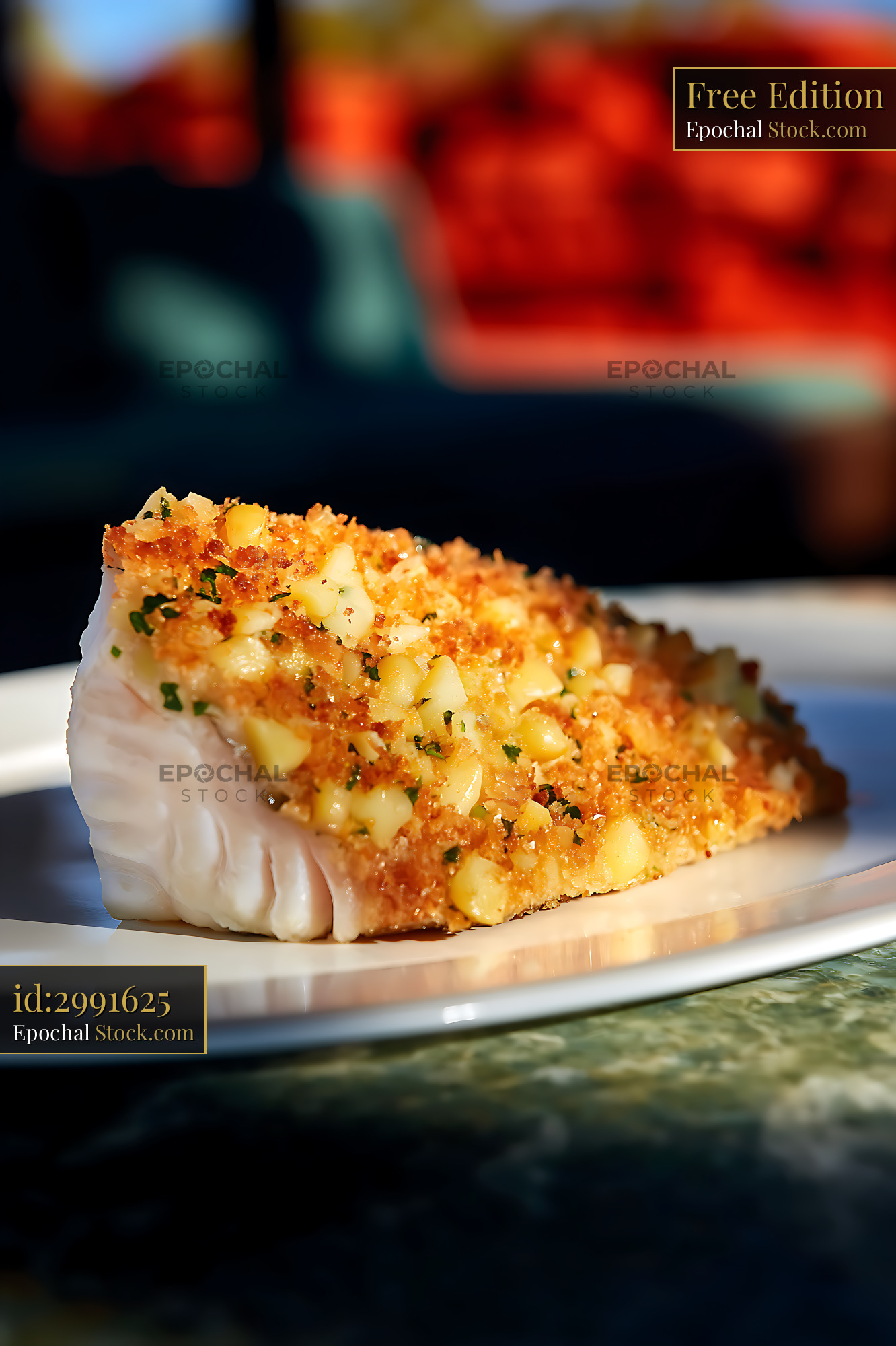 Herb-Crusted White Fish with Garlic Topping - stock photo