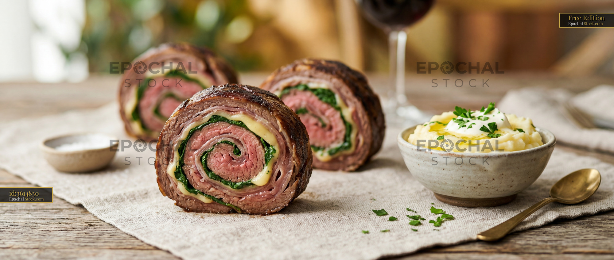 Beef Roulade with Herb Filling and Mashed Potatoes - stock photo