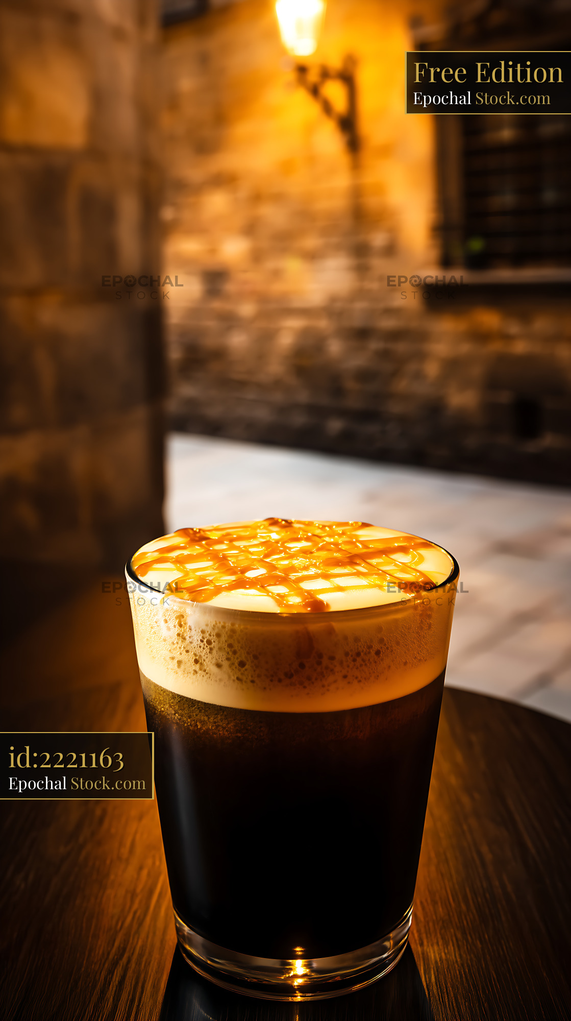 Nitro Caramel Coffee with Thick Foam, Evening - stock photo