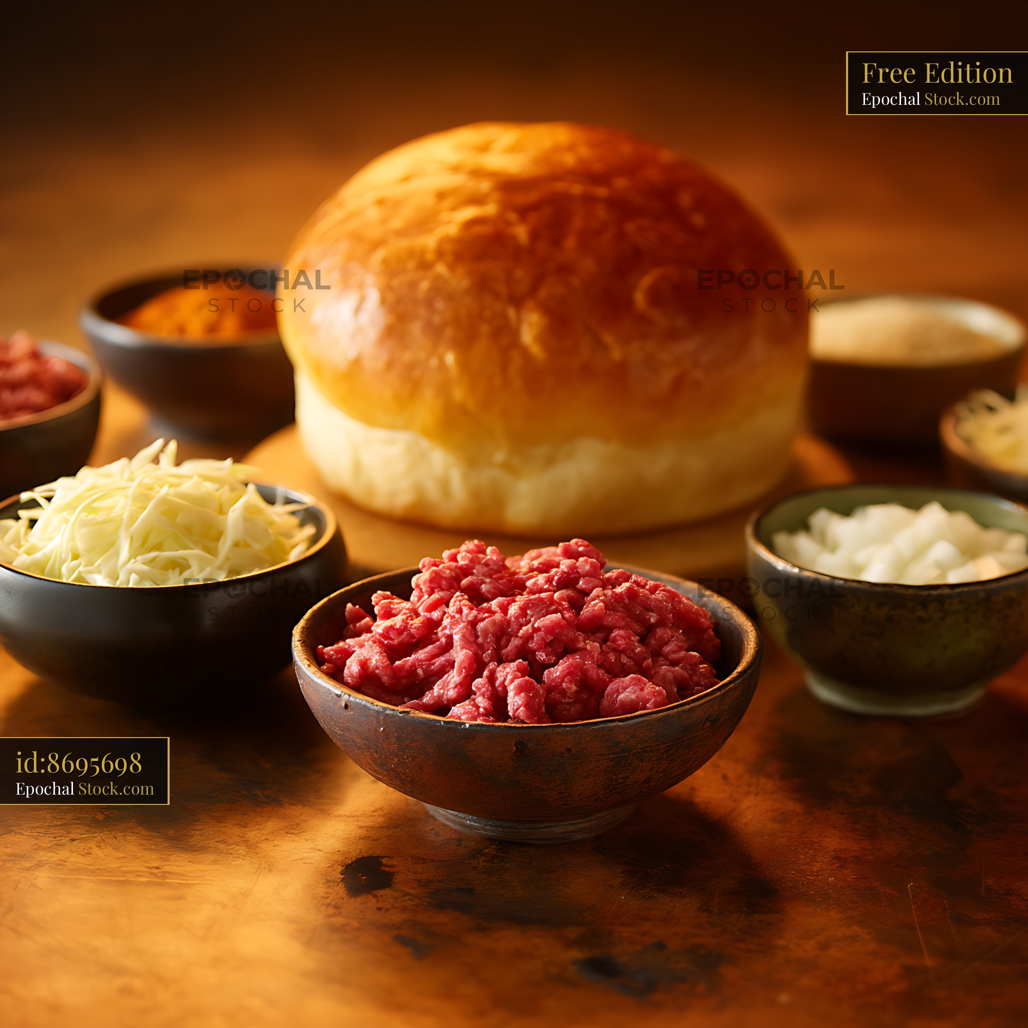 Ground Beef Burger Ingredients with Bun Flat Lay - stock photo