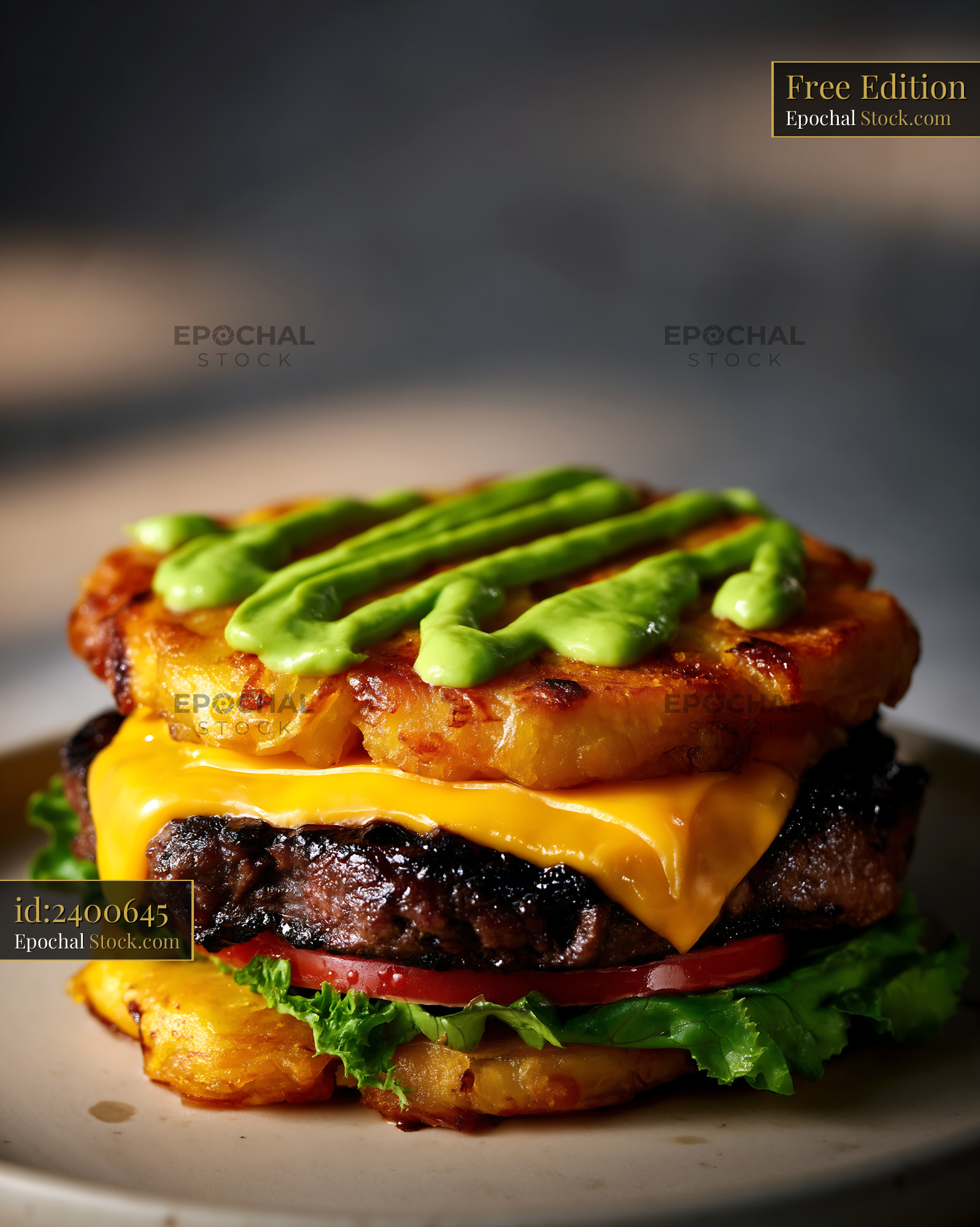 Gourmet Jibarito Burger with Melted Cheese and Avocado on Plantain - stock photo