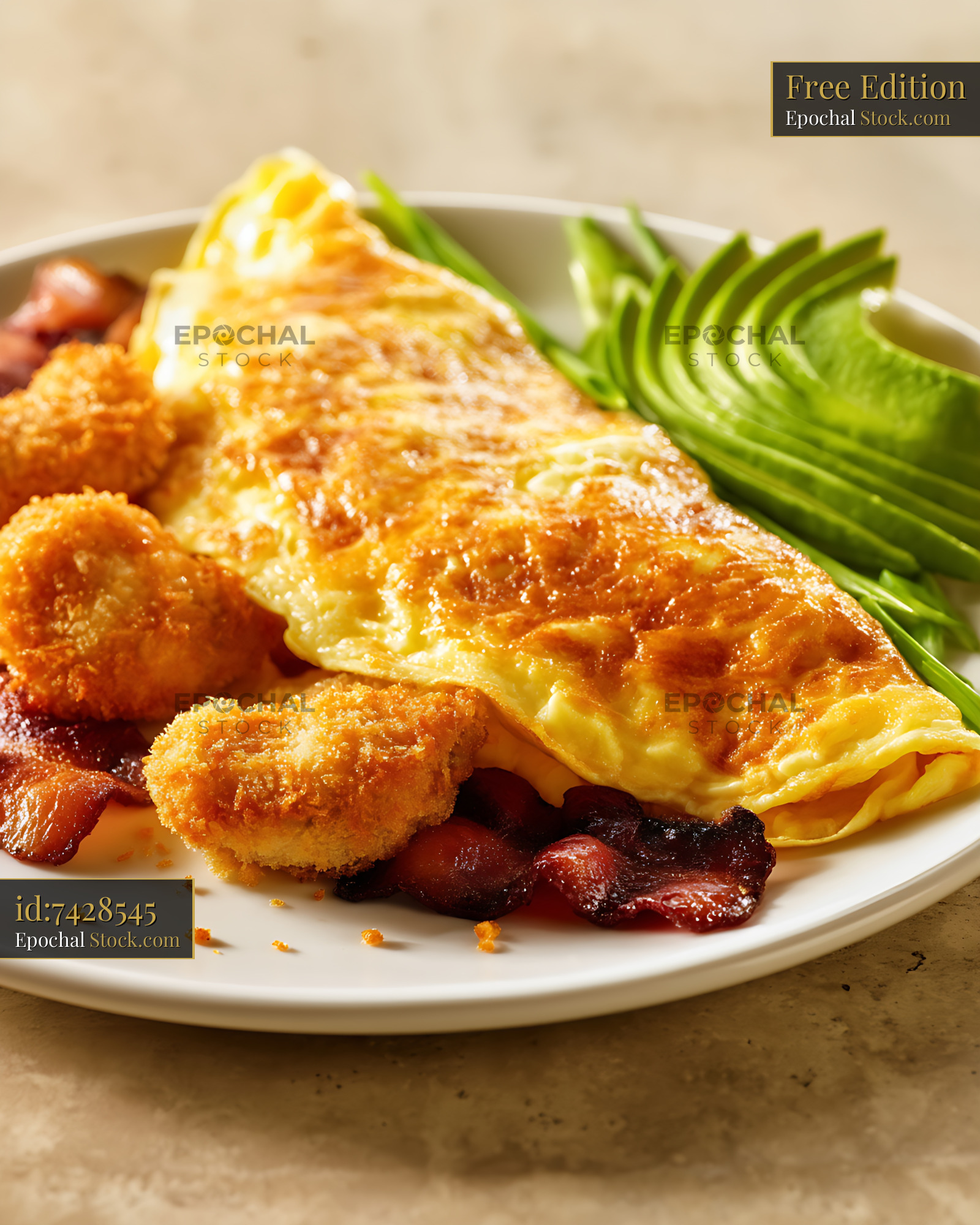 Golden Omelet with Hash Browns and Bacon Breakfast - stock photo