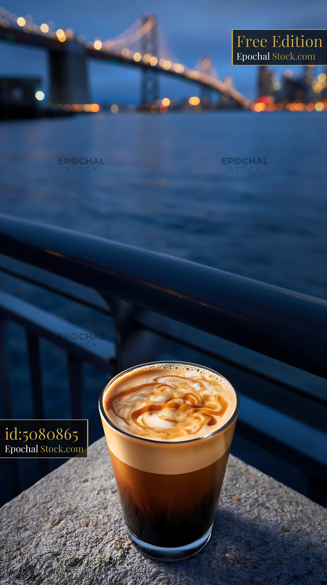 Nitro Caramel Coffee at Waterfront Sunset - stock photo