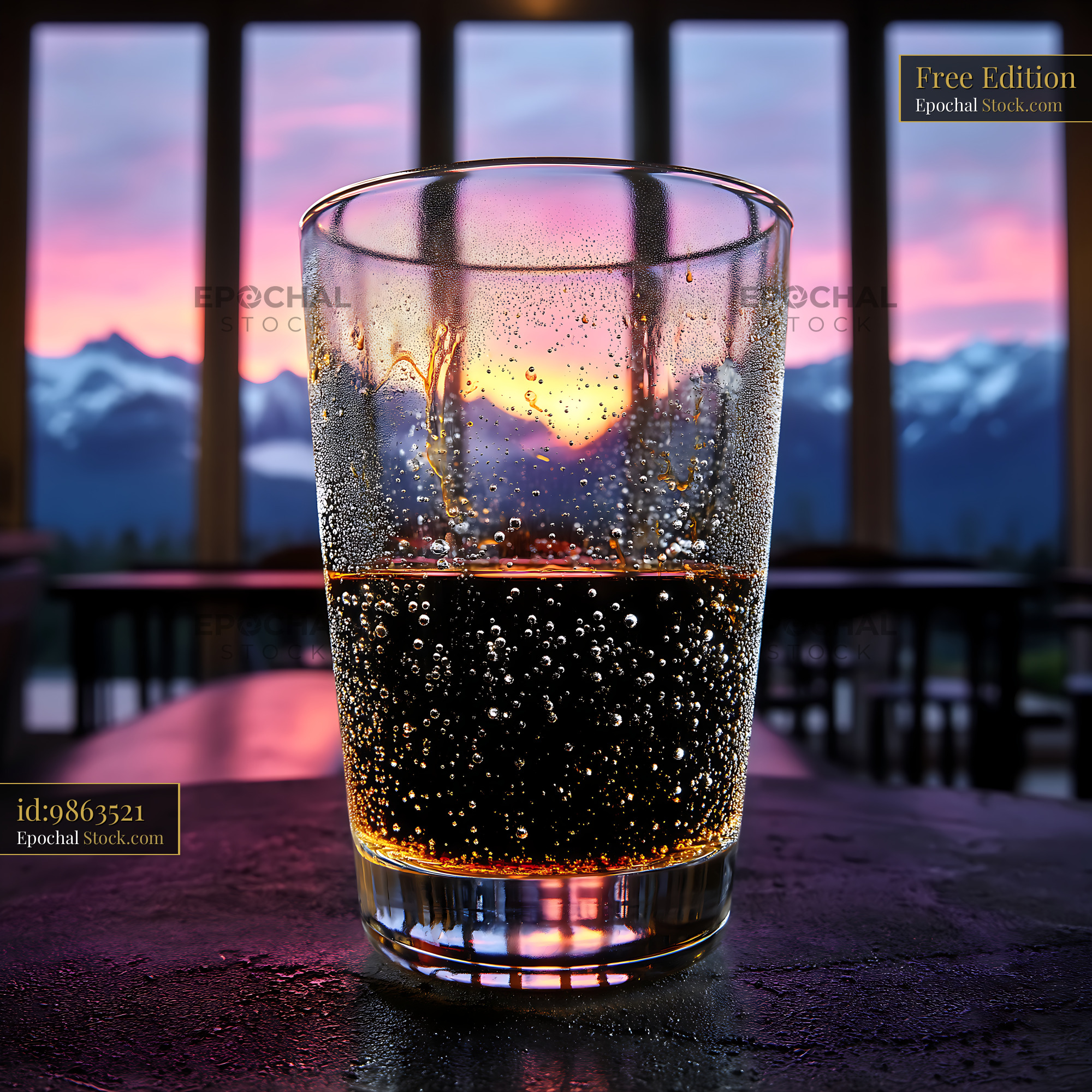 Nitro Caramel Coffee With Sunset View - stock photo