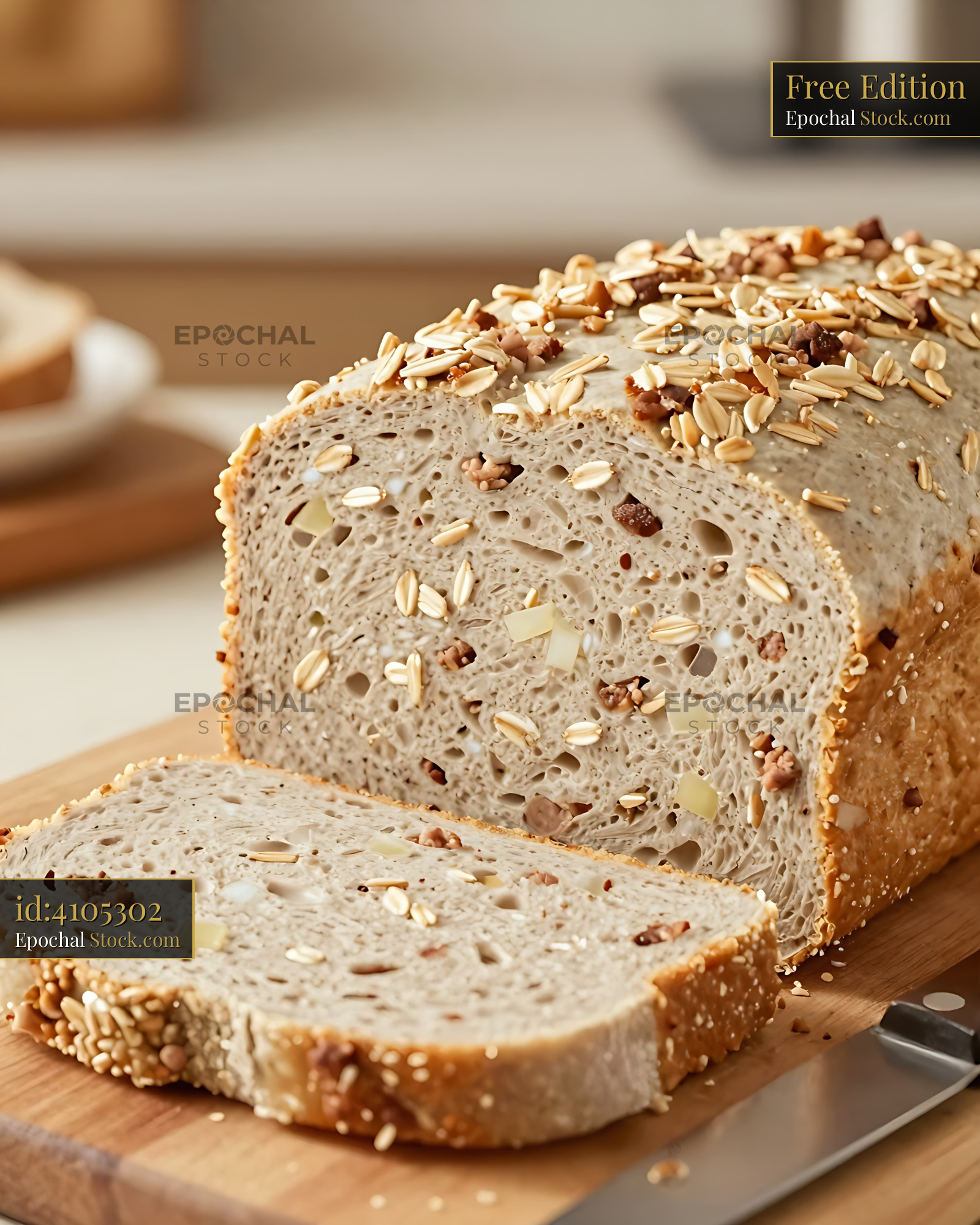 Artisan Multigrain Bread Loaf Sliced on Wooden Board - stock photo