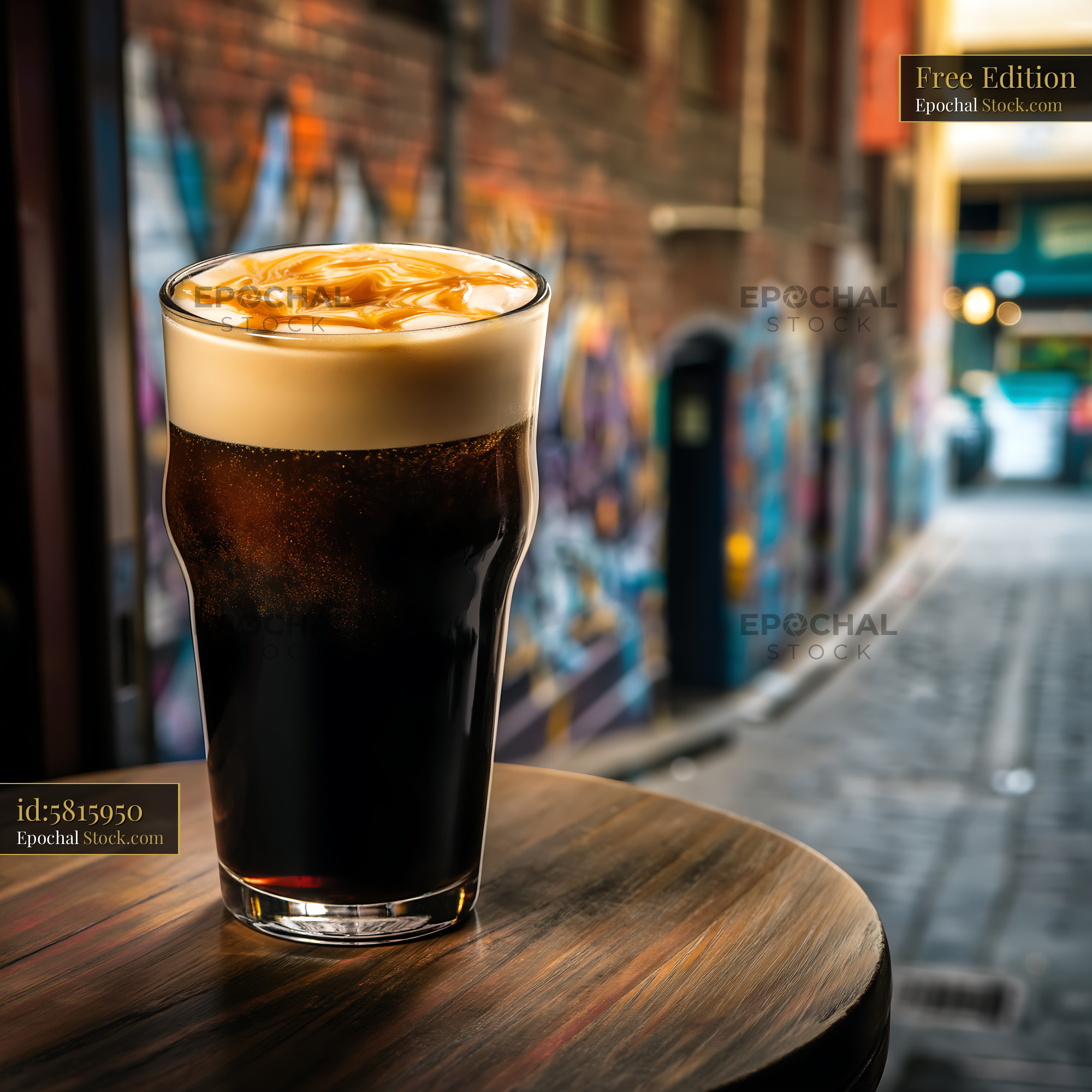 Cold Stout with Foam Head on Urban Alley Table - stock photo