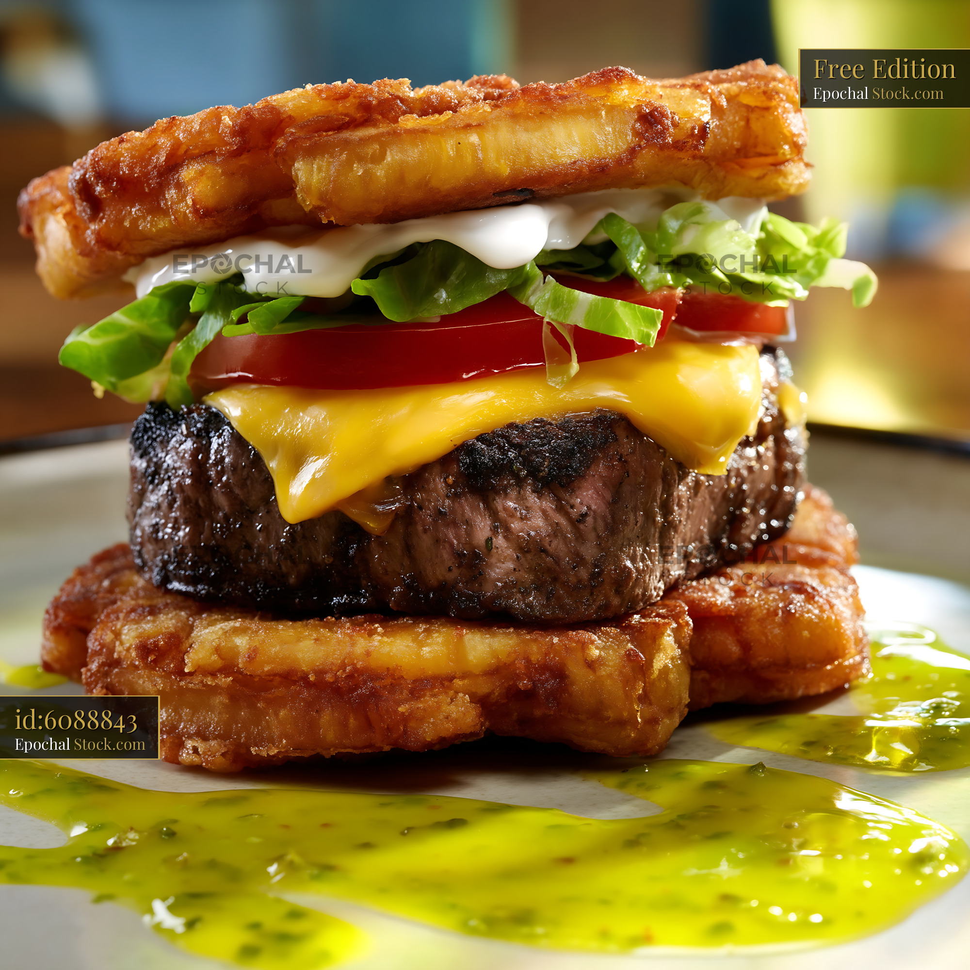 Jibarito Burger with Crispy Plantain Buns and Chimichurri Oil - stock photo