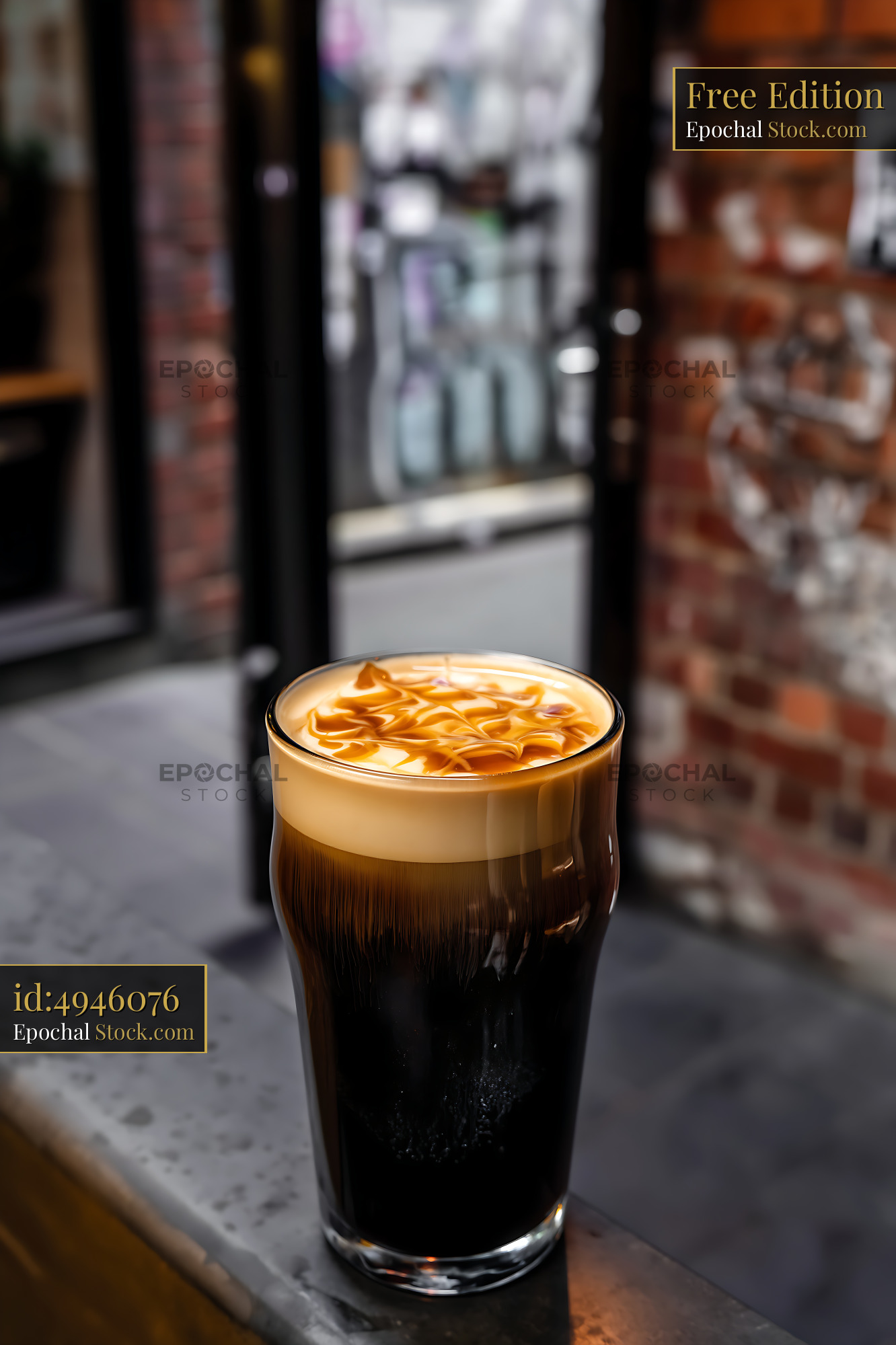 Nitro Caramel Coffee with Latte Art Outdoors - stock photo