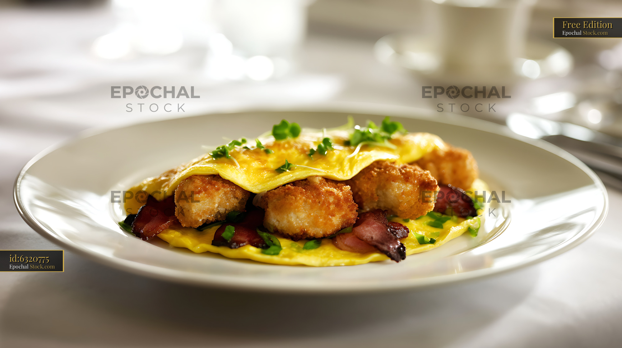 Pan-Seared Scallops with Bacon and Egg Omelette - stock photo