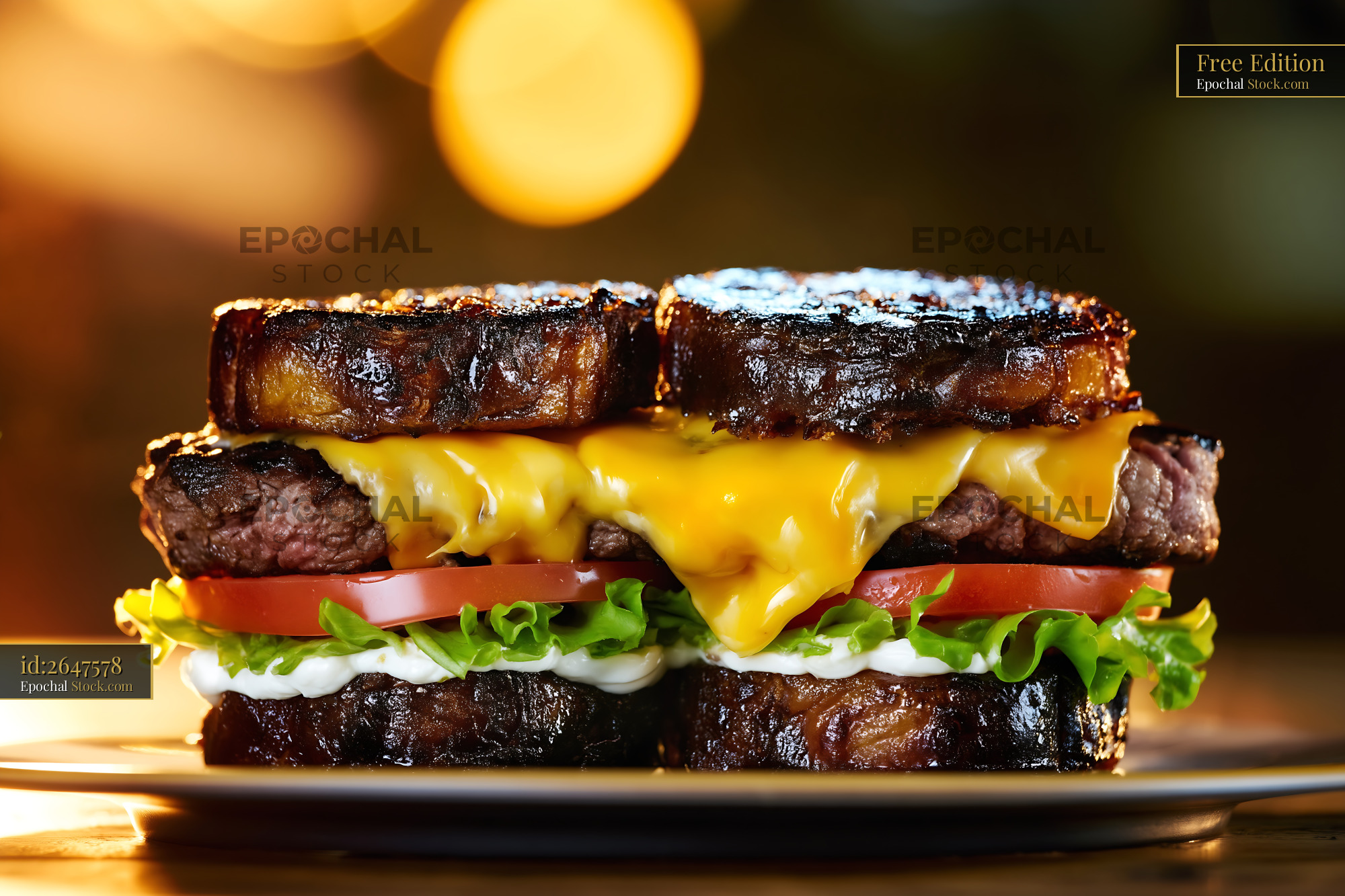 Gourmet Cheeseburger on Toast with Melted Cheddar - stock photo