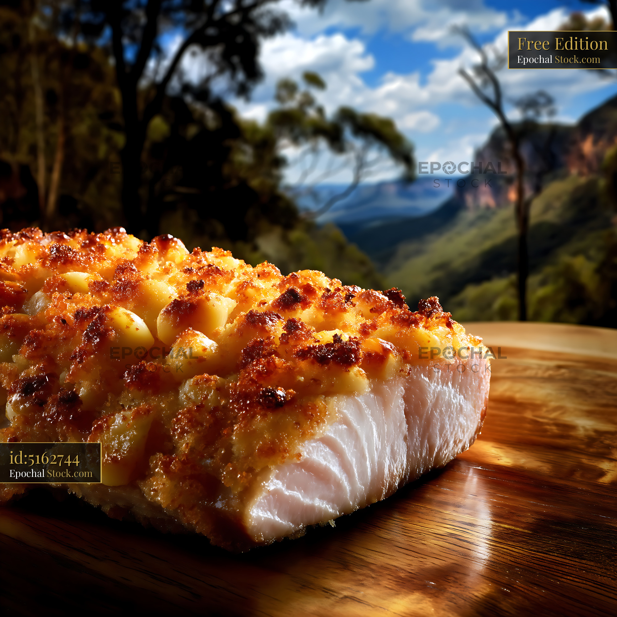 Macadamia Crusted Fish Fillet on Mountain Scenic Wood - stock photo