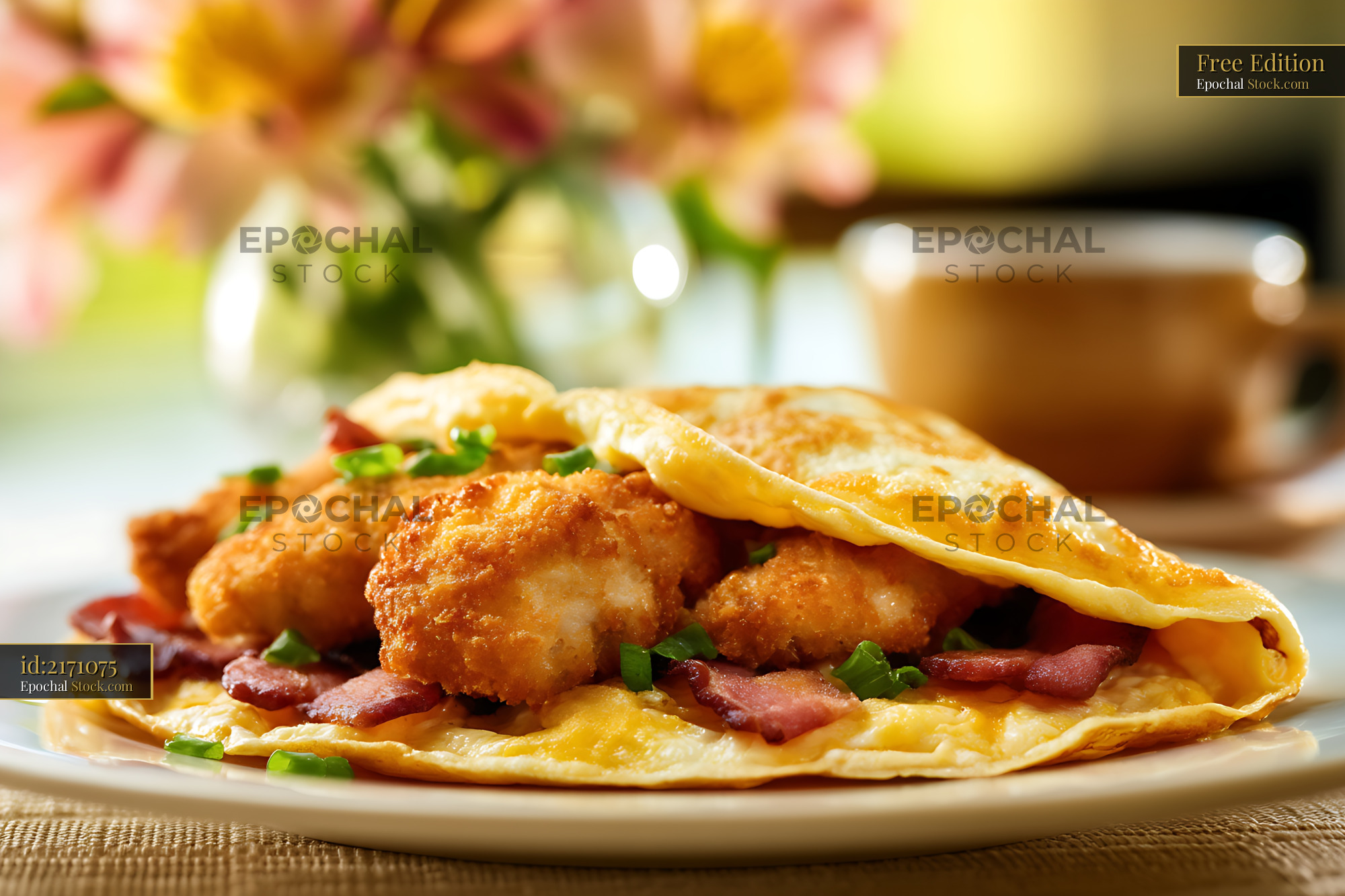 Crispy Shrimp Omelet with Bacon and Scallions - stock photo