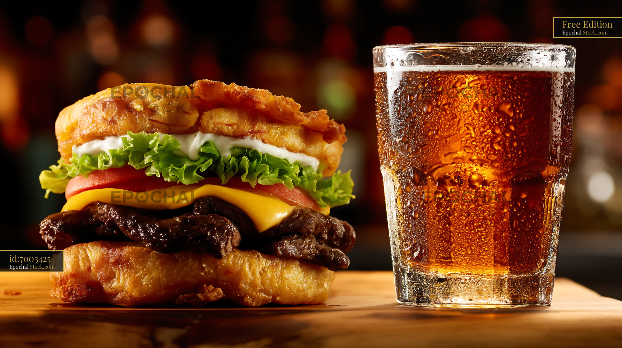 Juicy Cheeseburger and Cola at Restaurant Bar - stock photo