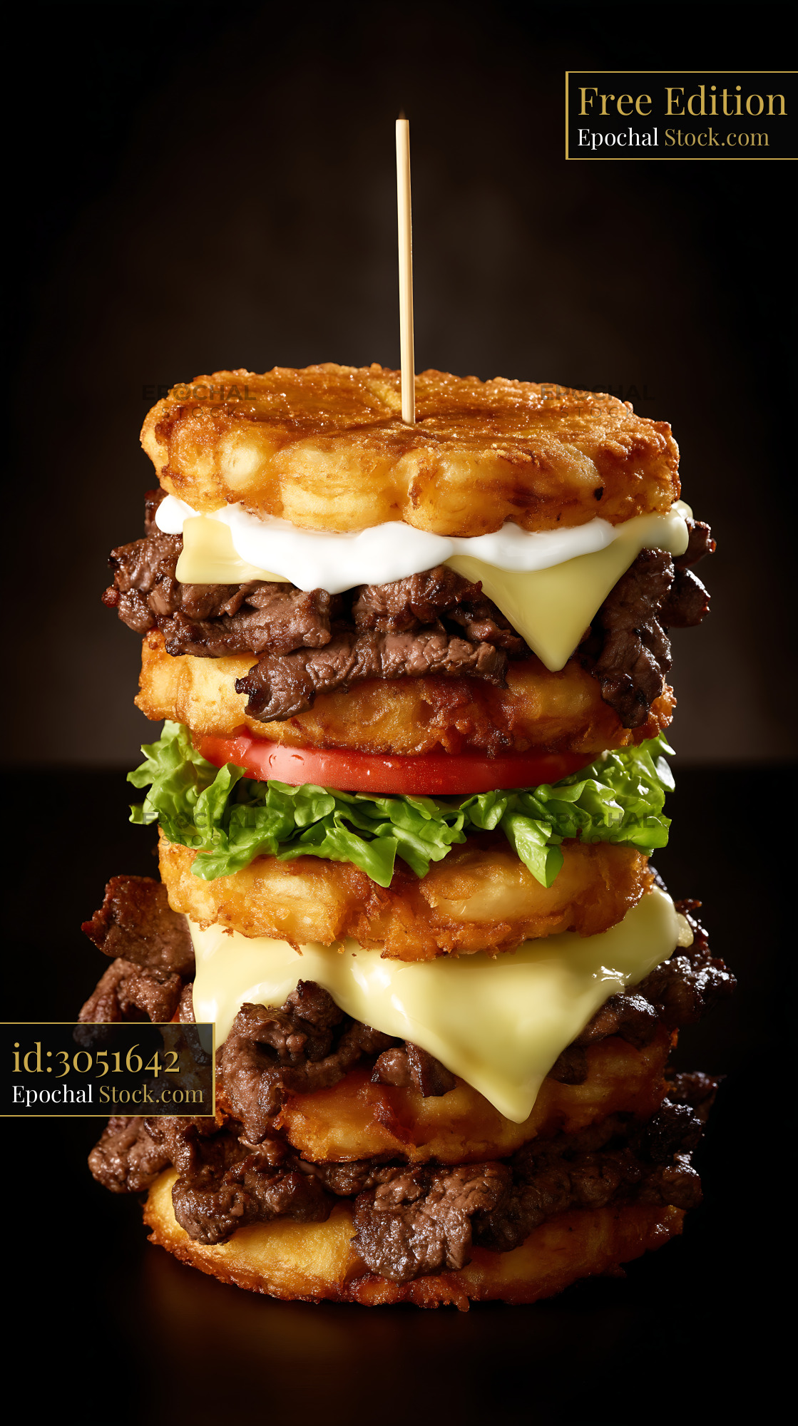 Gourmet Fried Chicken Beef Cheeseburger Stack - stock photo