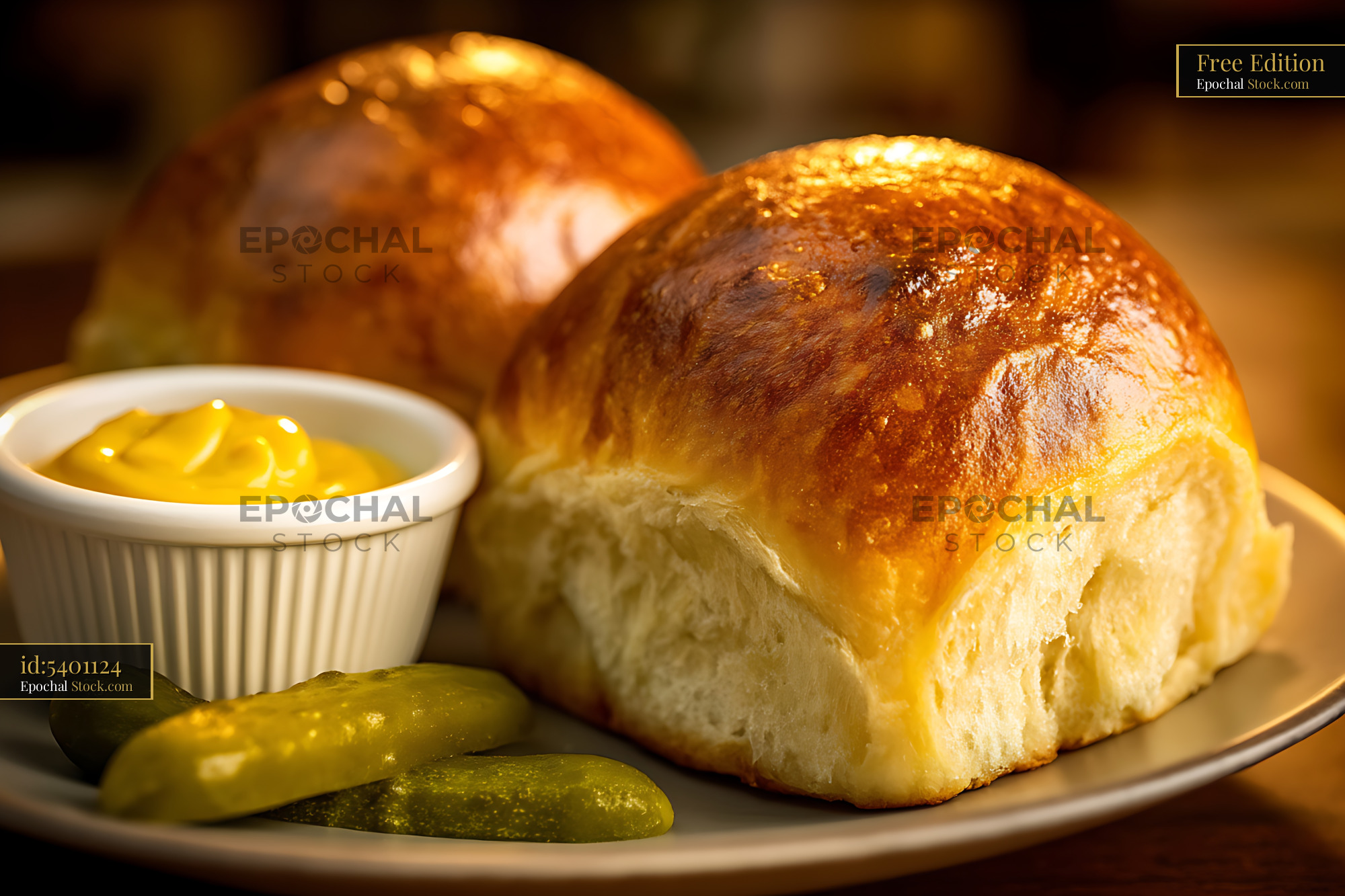 Fresh Bread Rolls with Mustard & Pickles - stock photo