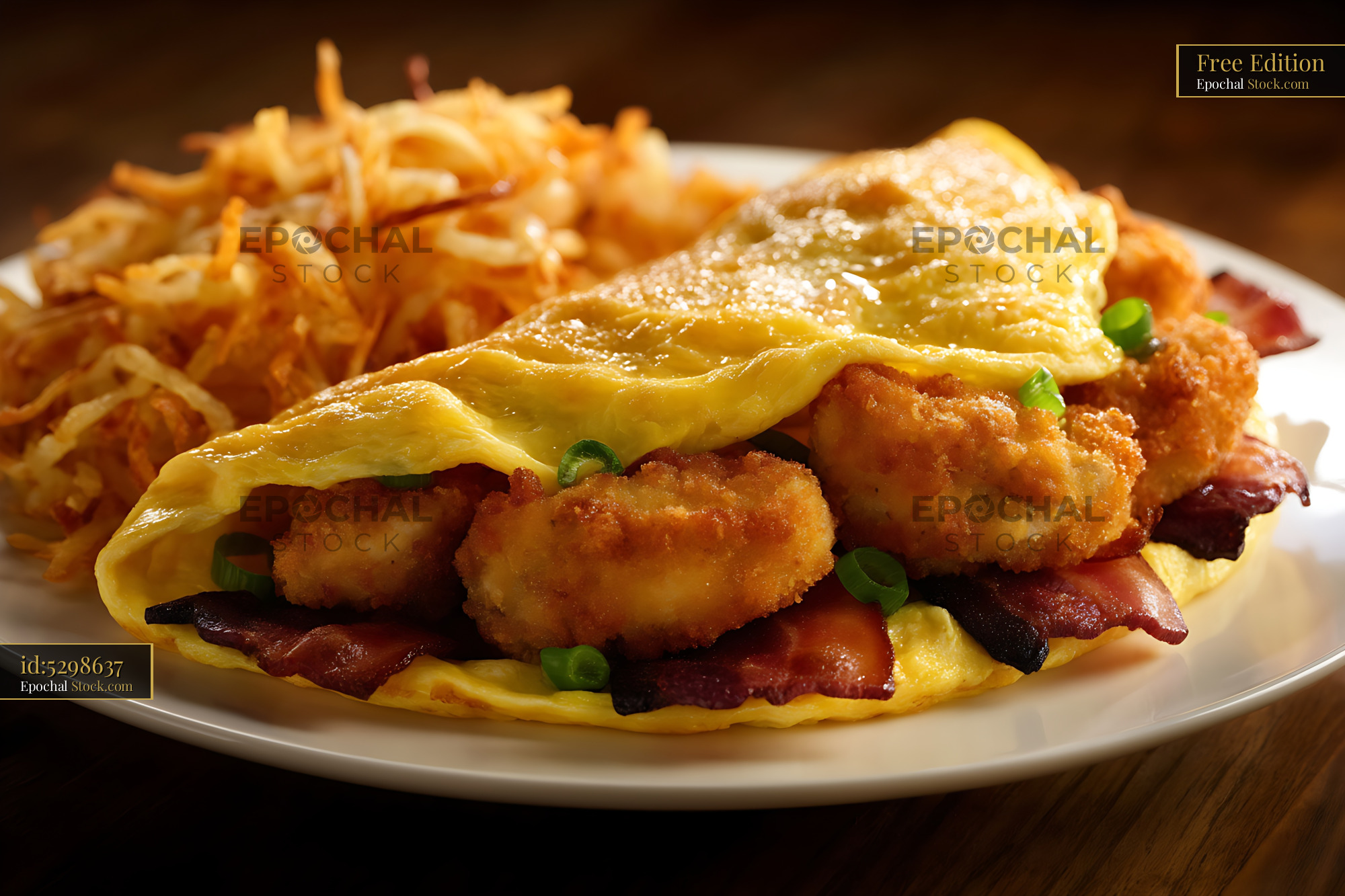 Crispy Shrimp Omelette with Bacon and Fries - stock photo