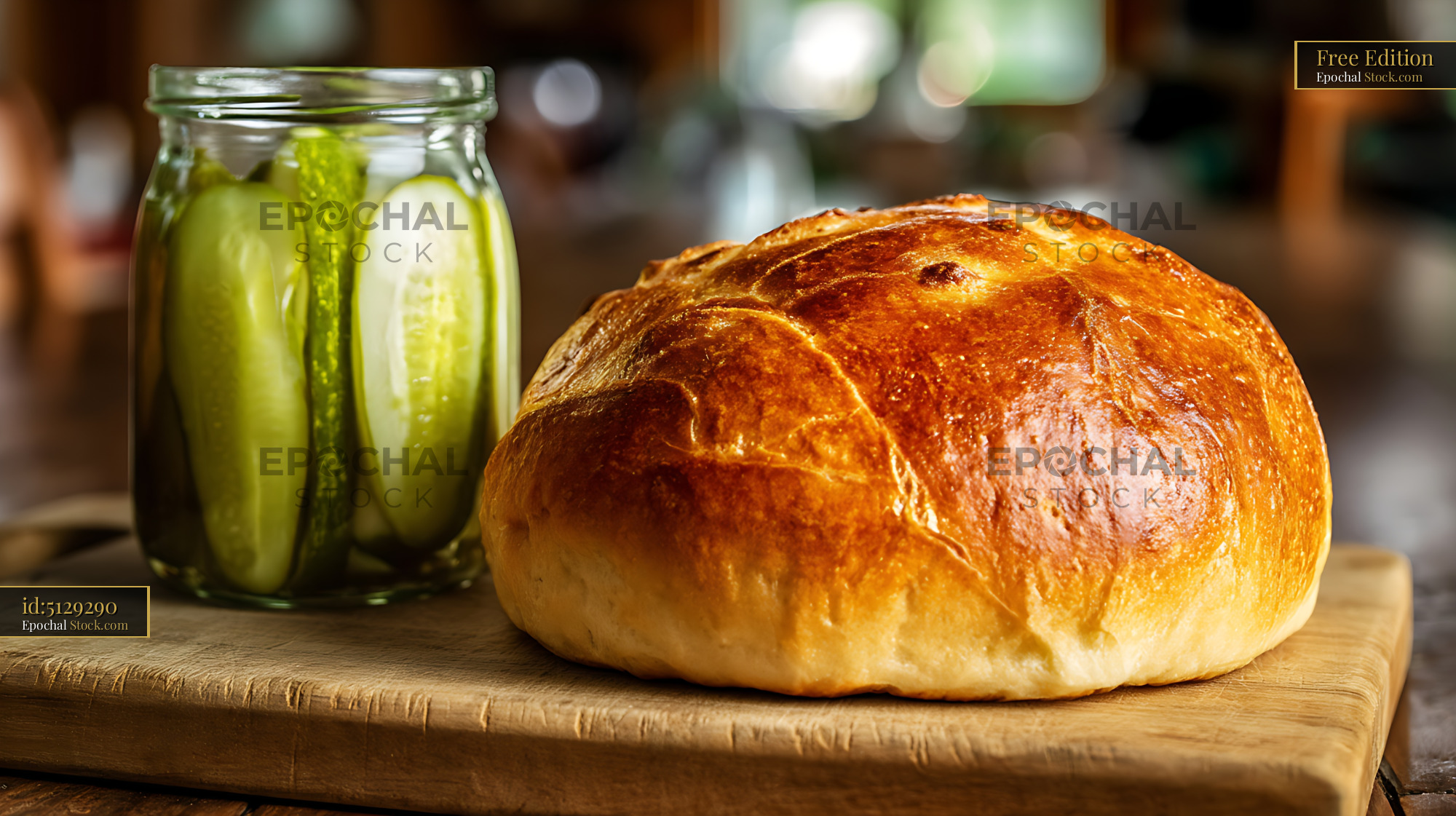 Golden Artisan Bread with Pickles on Wooden Board - stock photo