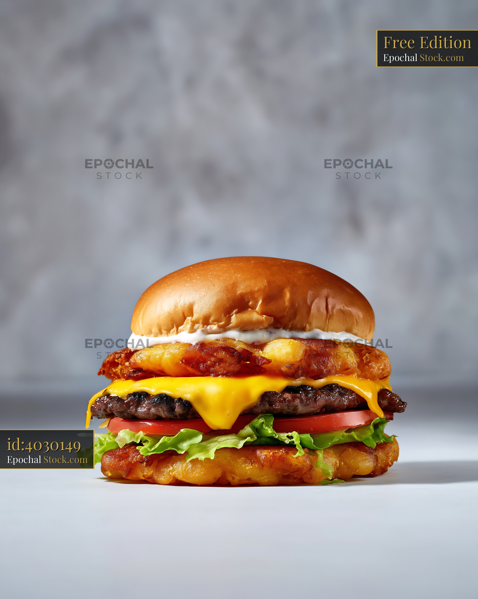 Gourmet Stacked Burger with Fried Chicken and Cheese - stock photo