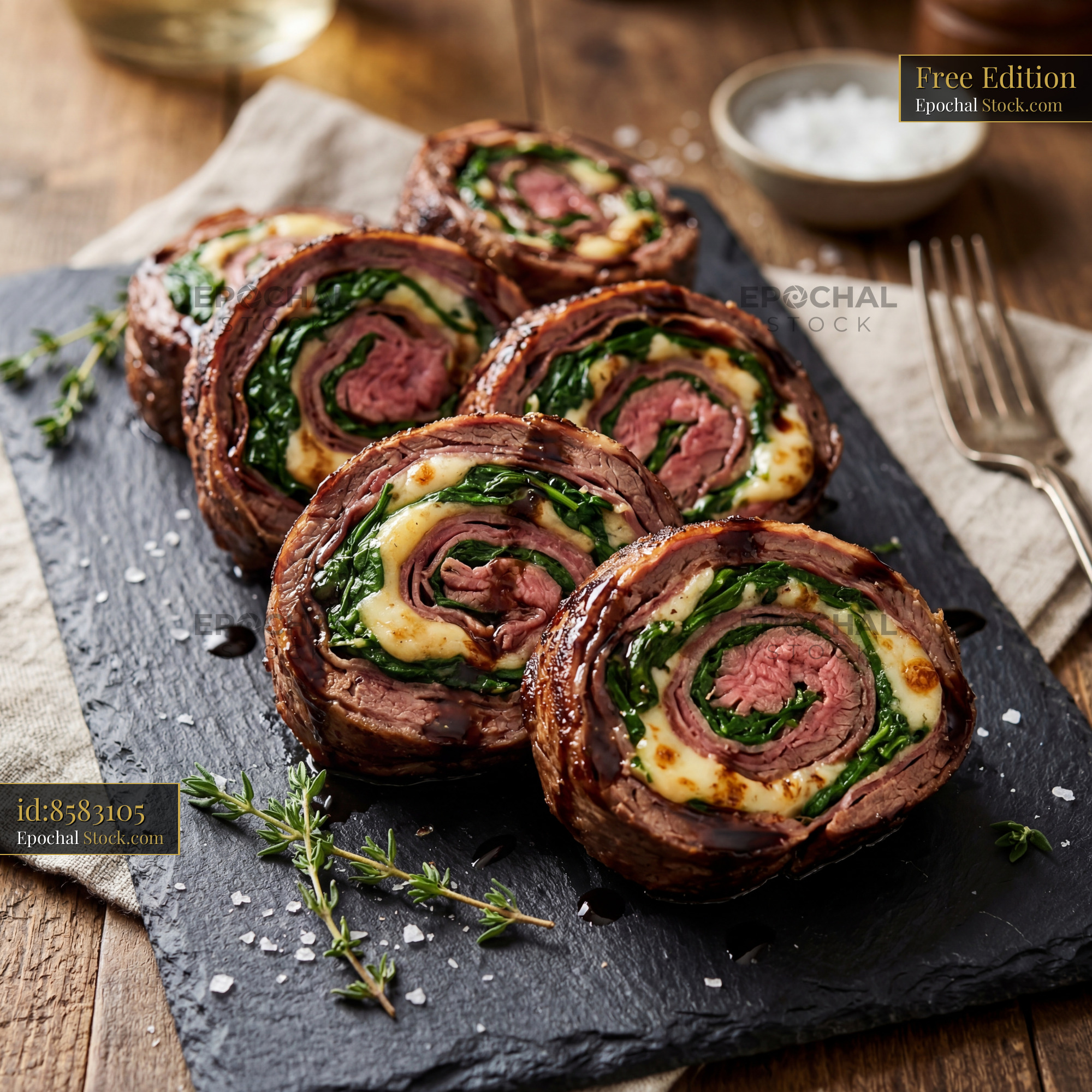Sliced Beef Wellington with Spinach Filling - stock photo