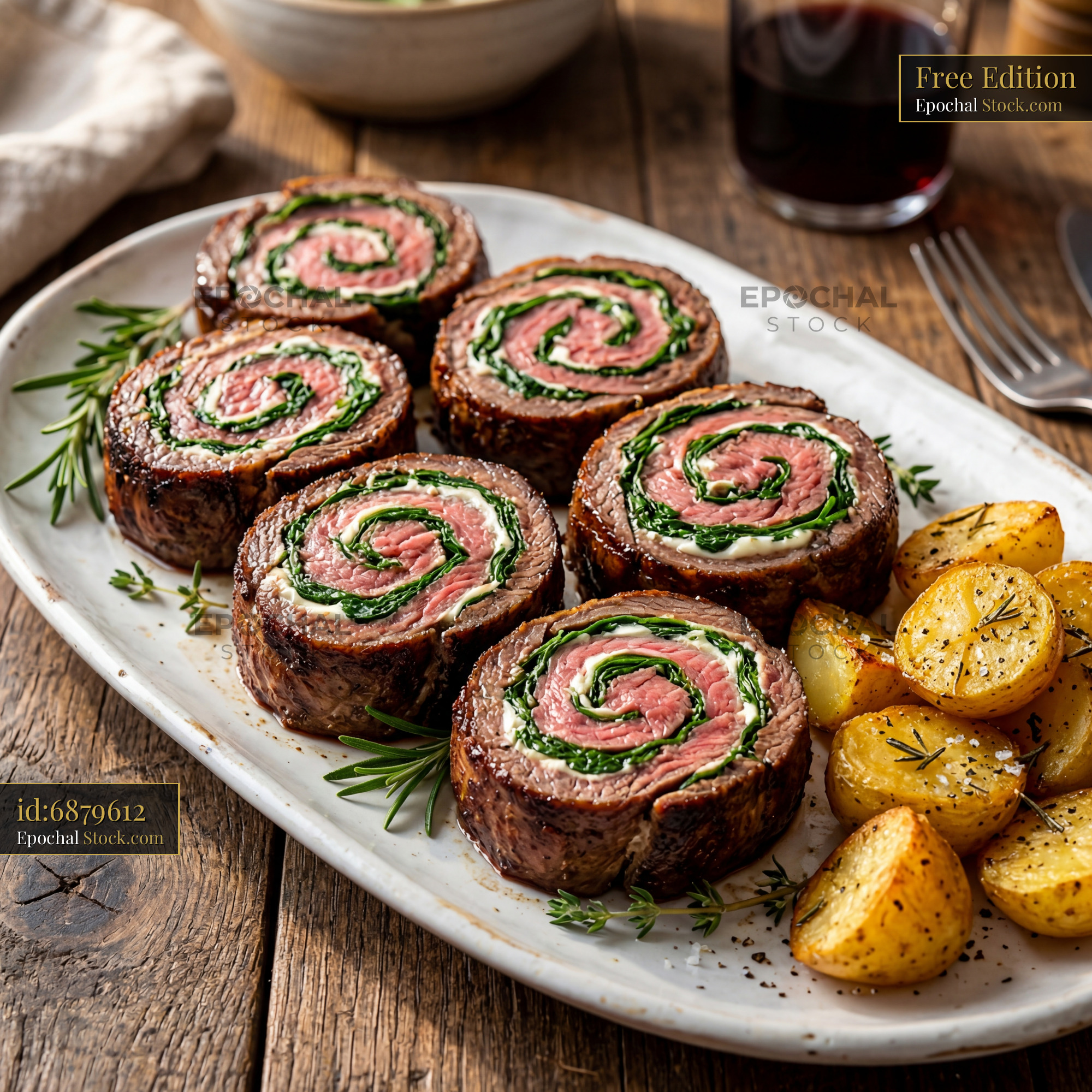 Beef Roulade Pinwheels with Roasted Potatoes - stock photo