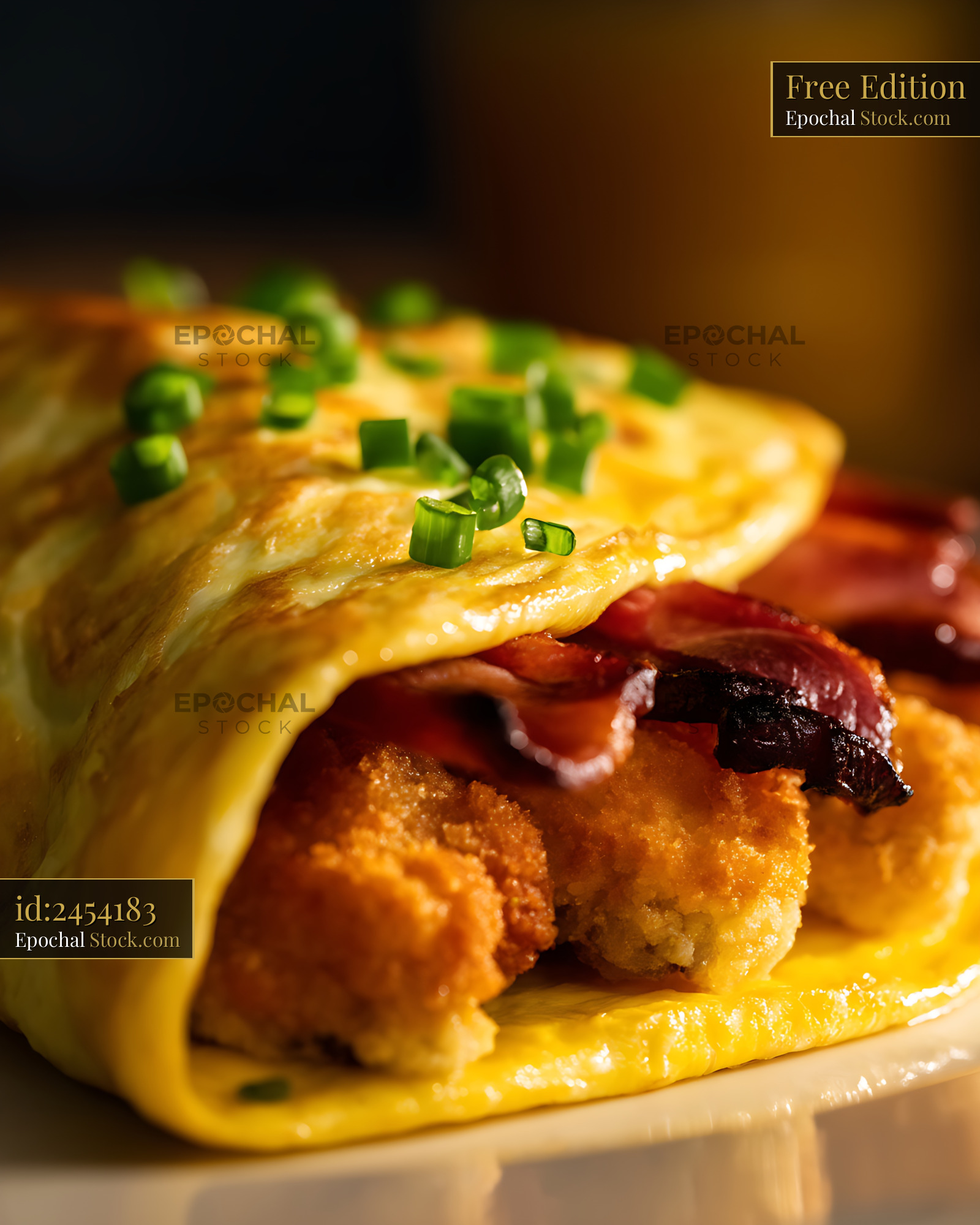 Golden Omelet with Bacon and Scallion Garnish - stock photo