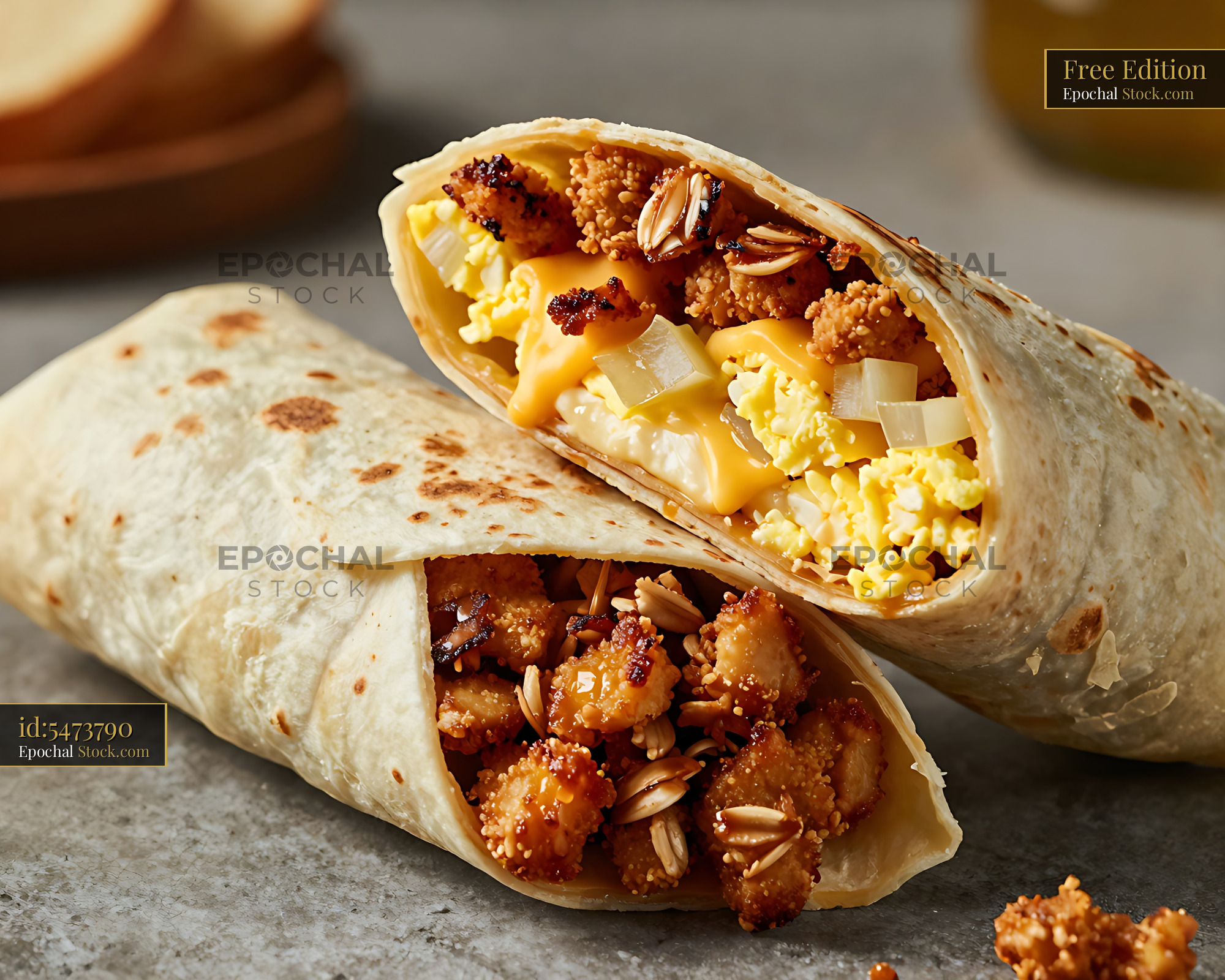 Breakfast Wraps With Eggs, Cheese & Crispy Granola - stock photo