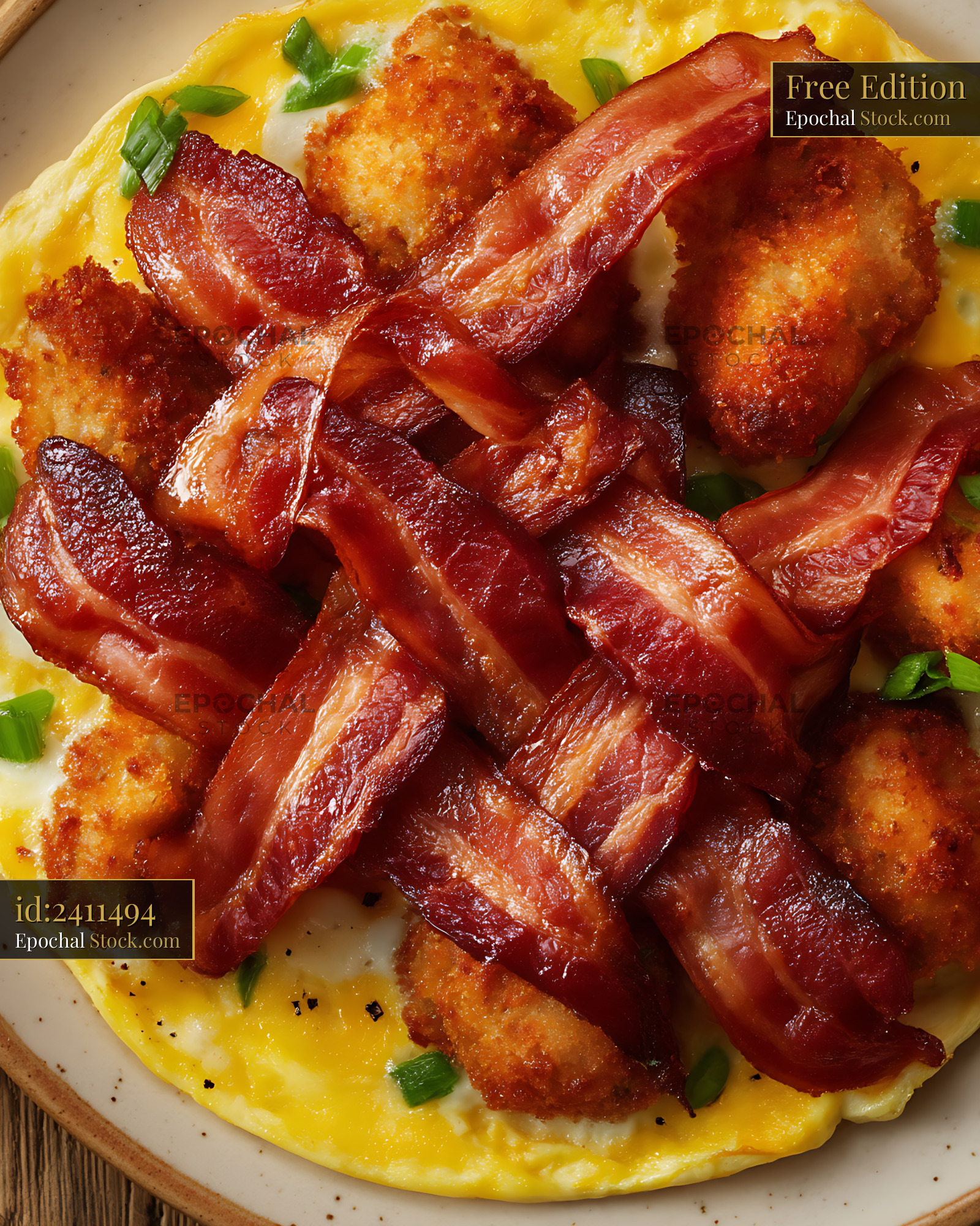 Bacon and Fluffy Omelette with Scallion Garnish - stock photo