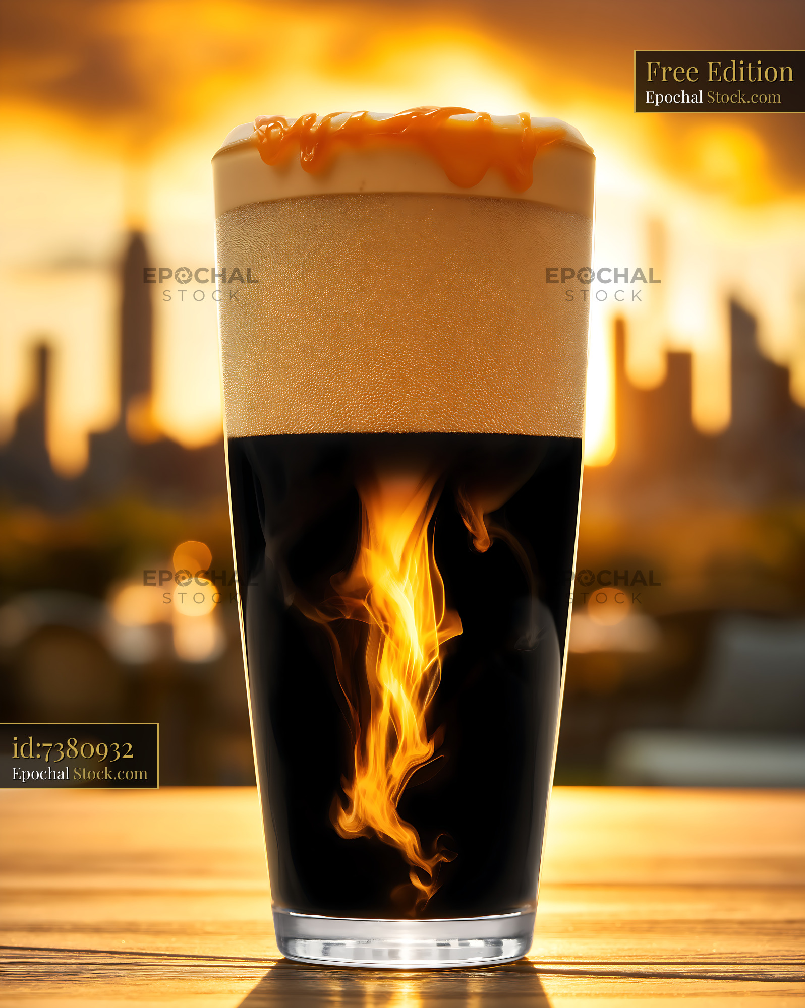 Nitro Caramel Coffee with Creamy Head and Flame - stock photo