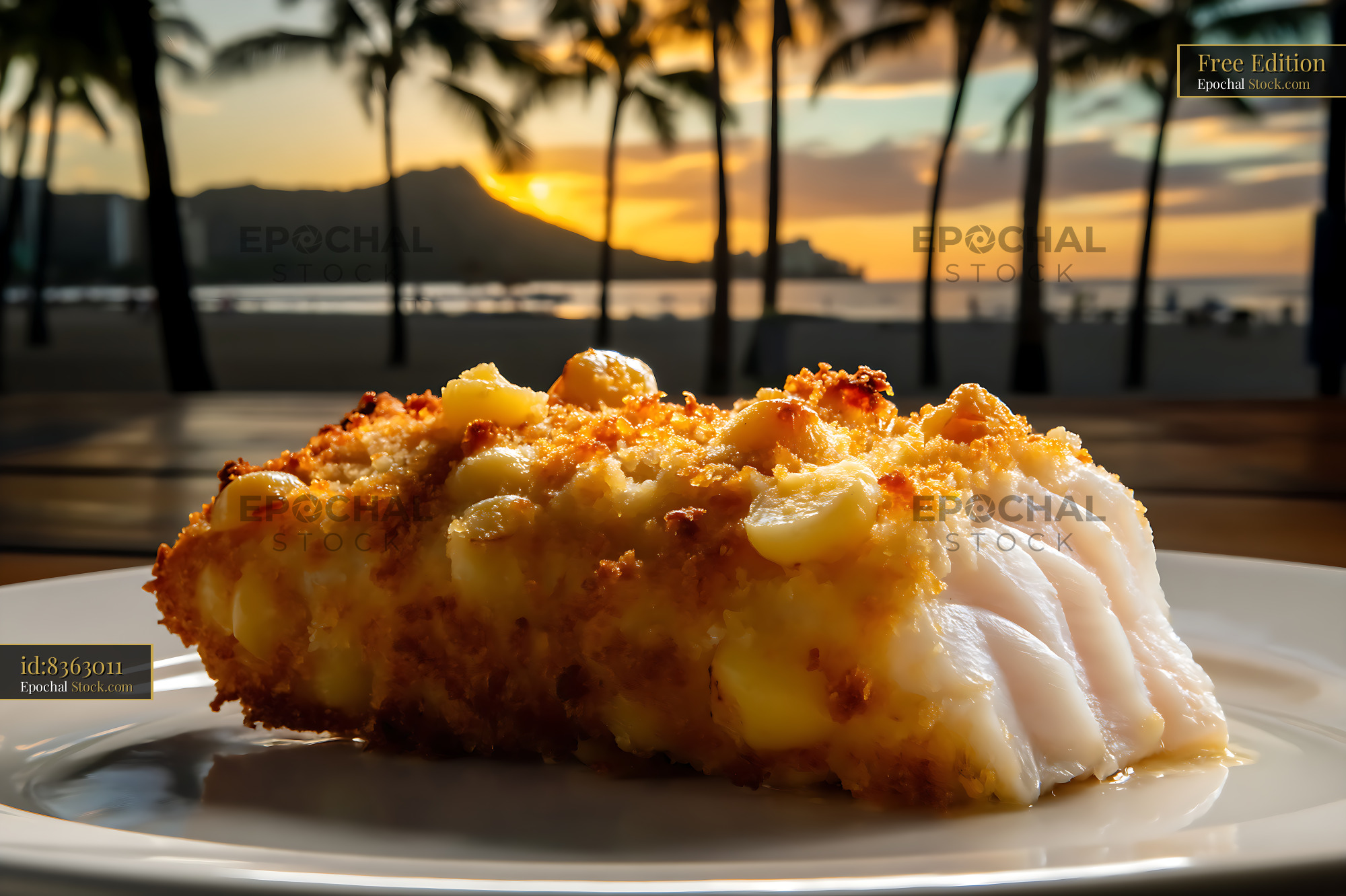 Corn Crusted Fish Fillet Tropical Sunset View - stock photo