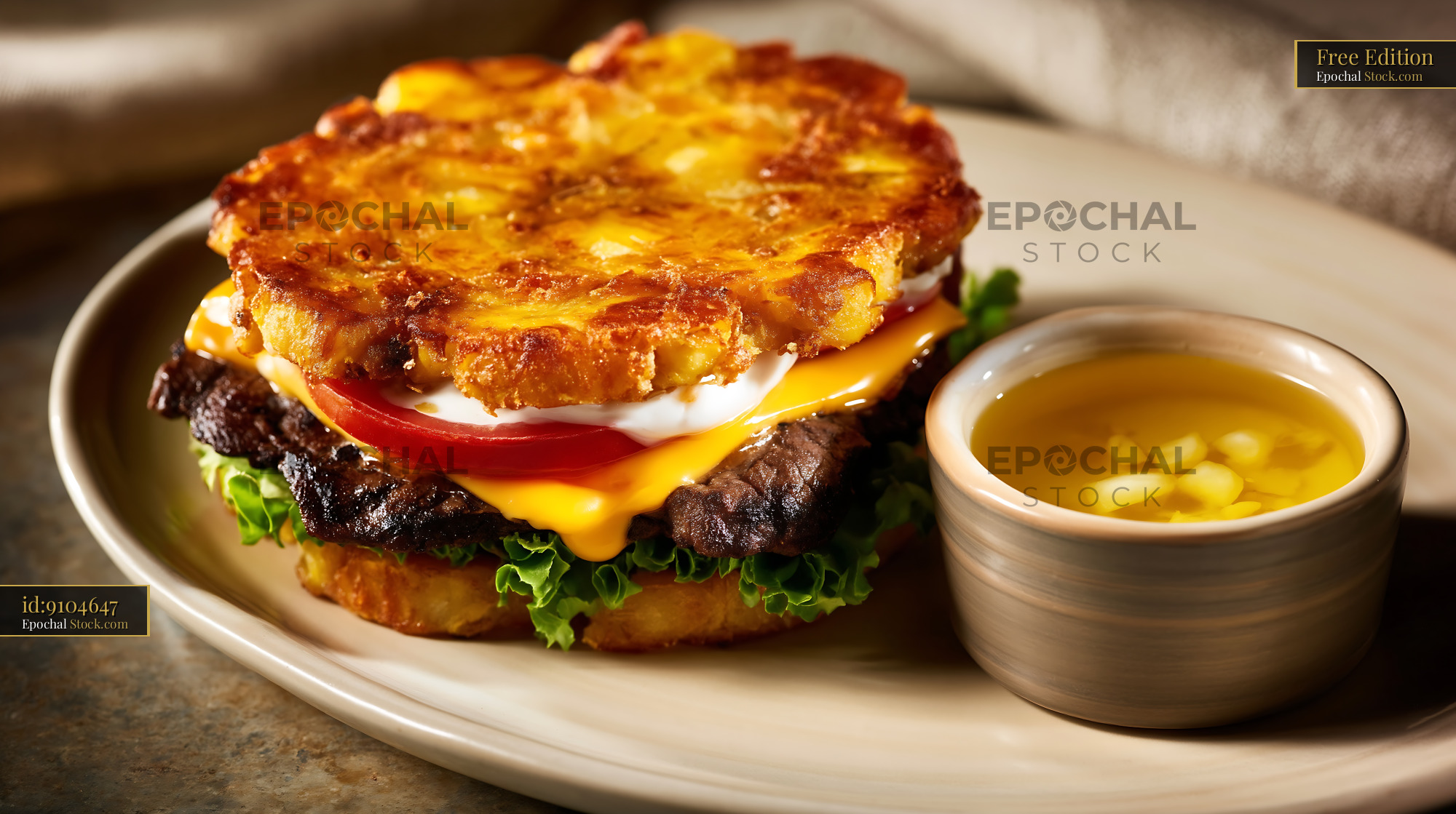 Gourmet Hash Brown Burger With Melted Cheese - stock photo
